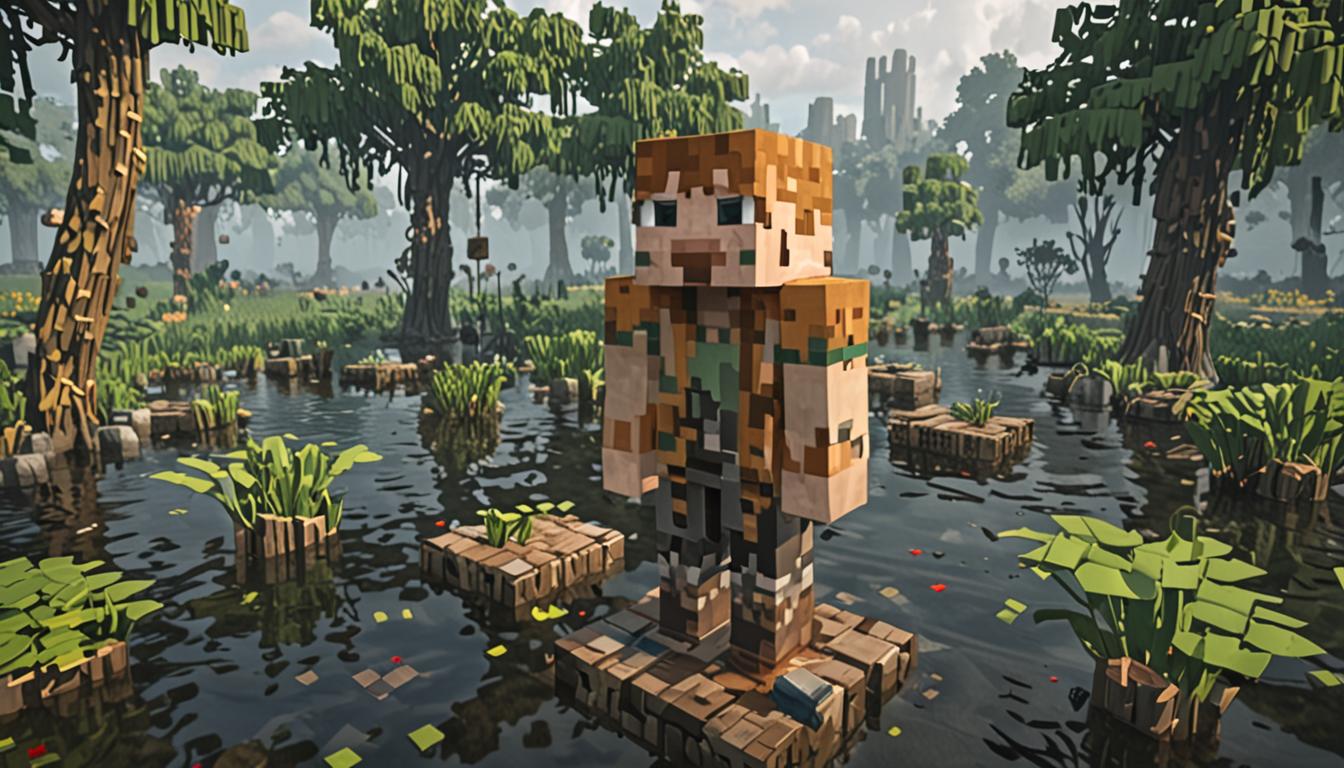 A blocky Minecraft character with simple pixelated features stands in the center of a misty swamp biome, surrounded by dark water blocks and drooping willow-like trees made of oak wood and green leaf blocks. The character has a determined expression despite their humble appearance, wearing basic leather armor that looks slightly worn and patched. Beside them stands another Minecraft player character with a quirky appearance - this is Birdbrain - who is actively gesturing toward a group of three white and red Minecraft chickens that are positioned in a small circle around him, their blocky heads tilted as if listening intently. The three pet chickens have slightly glowing red eyes and appear alert, their pixelated feathers ruffled as they seem to sense danger in the toxic green fog that's beginning to creep through the swamp blocks in the background. In the distance, partially obscured by the ominous green mist, a faint glowing orb can be seen floating above the murky swamp water - this is the Breath of Life orb with a soft blue-white luminescence cutting through the toxic atmosphere. The entire scene has a dim, atmospheric lighting with the green toxic fog creating an eerie glow that contrasts with the warm torchlight flickering from a few placed torches stuck in the muddy ground blocks around the characters.