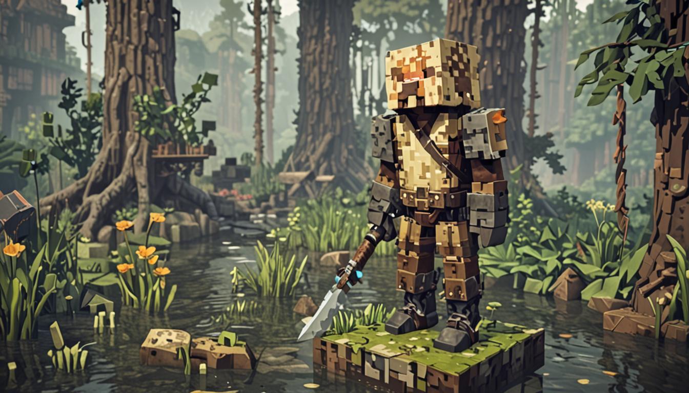 A blocky Minecraft character named Sir Stinkrot stands in a pixelated swamp environment, wearing mismatched armor consisting of one iron boot and one leather boot, an oversized wooden chestplate that hangs loosely on his square frame, and a crooked stone helmet tilted awkwardly on his blocky head. The character holds a weathered wooden sword with a rough, carved texture showing wood grain patterns in classic Minecraft style. Behind him looms a massive, blocky compost heap structure made of brown and green blocks with occasional bone meal particles floating around it, representing his failed castle attempt. The swamp setting features murky water blocks, drooping willow-like trees with dark oak wood and hanging vine blocks, and patches of mycelium and podzol blocks scattered across the muddy terrain. Toxic green fog particles drift through the air, creating an ominous atmosphere with dim lighting filtering through the canopy. The character's expression shows determination despite his comical appearance, with the pixelated environment emphasizing the contrast between his humble beginnings and his heroic quest to reclaim the Breath of Life orb from this soggy, dangerous swampland.