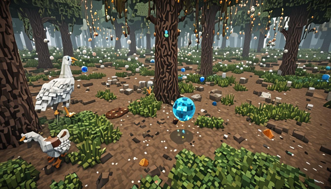 A blocky Minecraft swamp scene with murky green water and dark oak trees draped in hanging vines, where a pixelated player character holds a glowing spherical orb made of translucent blue and white blocks that emanates soft light particles. A confused-looking Minecraft chicken with gray and white feathers sits in a brown mud pile made of dirt and clay blocks, while three additional blocky chickens with orange beaks and red combs stand nearby making animated poses. In the background, a villainous character with a dark hooded robe flies away in a bizarre contraption constructed from brown leather boot-shaped blocks attached to a glass tank filled with water blocks and small fish mobs. The swamp atmosphere is thick with green particle effects representing toxic fog, while lily pads float on the water surface and glowstone blocks embedded in the muddy terrain provide eerie illumination. Tall swamp grass blocks and mushrooms dot the landscape, creating a mysterious and slightly ominous Minecraft biome setting with dramatic lighting contrasts between the bright orb and the dim, foggy environment.
