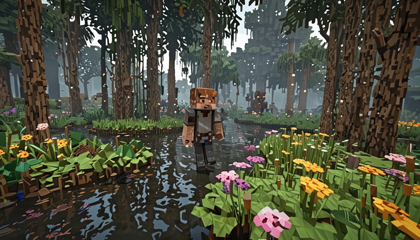 A Minecraft-style blocky character with pixelated features stands in a misty swamp biome, surrounded by dark water blocks and drooping willow-like trees made of oak wood and dark green leaf blocks. The character's inventory interface glows softly, displaying rows of colorful compost-related items including brown compost blocks, green plant matter, flower petals, and fresh herbs all rendered in Minecraft's distinctive cubic style. In the background, a menacing villager-like boss character with dark robes and glowing red eyes (Lord Foulbreath) is distracted by swirling green toxic fog particles that drift through the air like Minecraft's particle effects. The swamp environment features lily pads floating on murky water blocks, mushrooms growing on dirt blocks, and an ominous green-tinted atmosphere with volumetric fog effects. Scattered throughout the scene are rare glowing orbs and magical items with enchantment-style sparkles, while the legendary Breath of Life orb hovers in the distance as a brilliant blue-white sphere with pulsing light effects. The lighting creates dramatic shadows and highlights on all the blocky surfaces, emphasizing the contrast between the character's fresh, clean inventory items and the corrupted, toxic swamp environment.