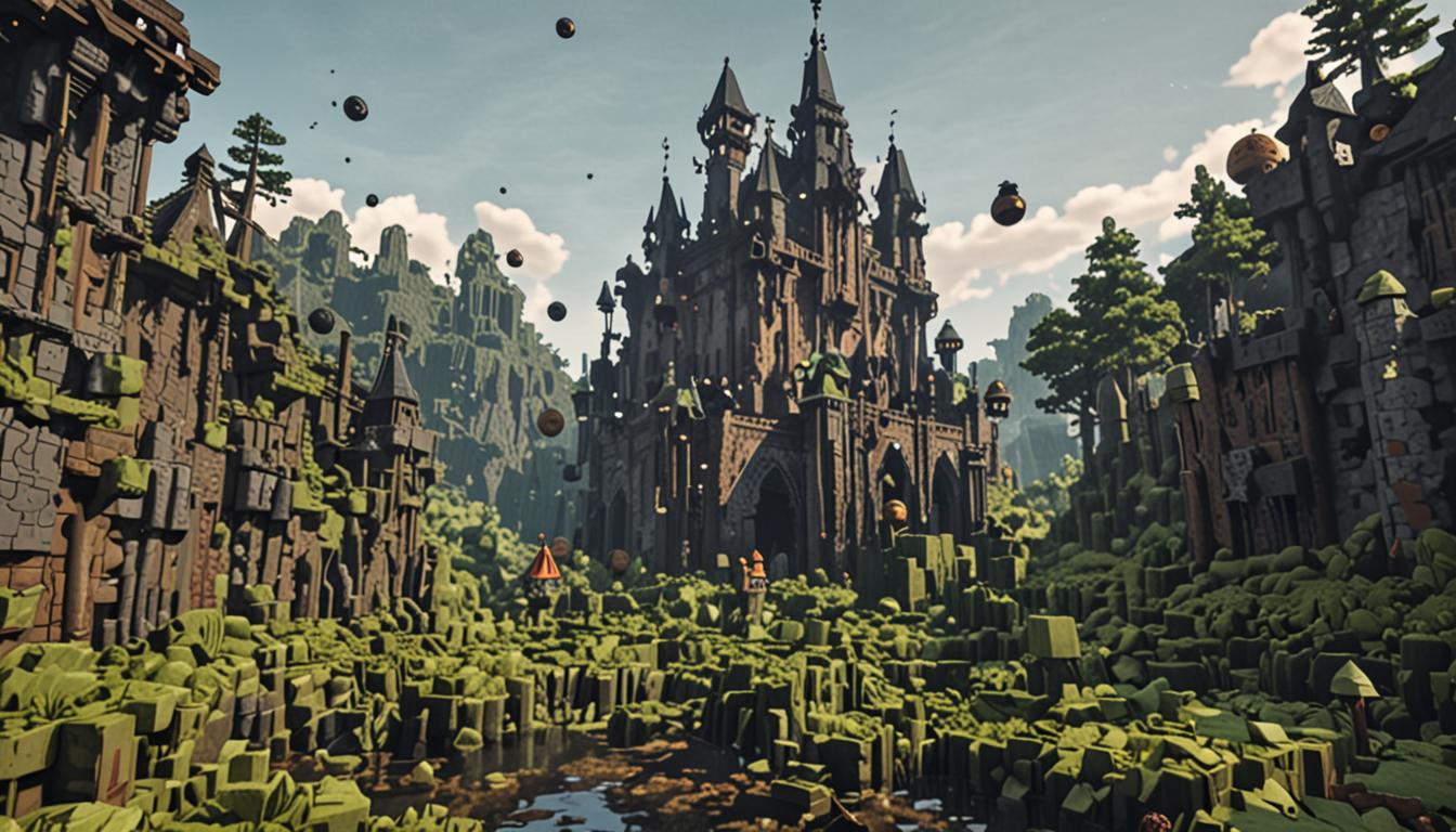 A towering Minecraft-style castle constructed entirely of dark brown and black muddy blocks rises ominously from the murky depths of a pixelated swamp biome, with slimy green moss blocks and dripping water effects cascading down its blocky walls. At the castle's highest tower, a menacing blocky villain character with dark robes holds a brilliantly glowing spherical orb made of translucent light-blue and white blocks that pulse with ethereal energy, while toxic green fog particles swirl around the scene. The swamp environment features murky brown water blocks, twisted dark oak trees with hanging vine blocks, and patches of slime blocks creating a treacherous terrain. In the foreground, a heroic knight character in pixelated armor stands ready for battle, while nearby another blocky character has just stepped into a massive pile of bright green slime blocks that are animated with gooey, bouncing motion effects. The atmosphere is thick with ominous green fog particles drifting through the air, while the Breath of Life orb casts dramatic blue-white lighting that illuminates the muddy castle walls and reflects off the swamp water, creating an epic confrontation scene in classic Minecraft's distinctive blocky, pixelated art style.