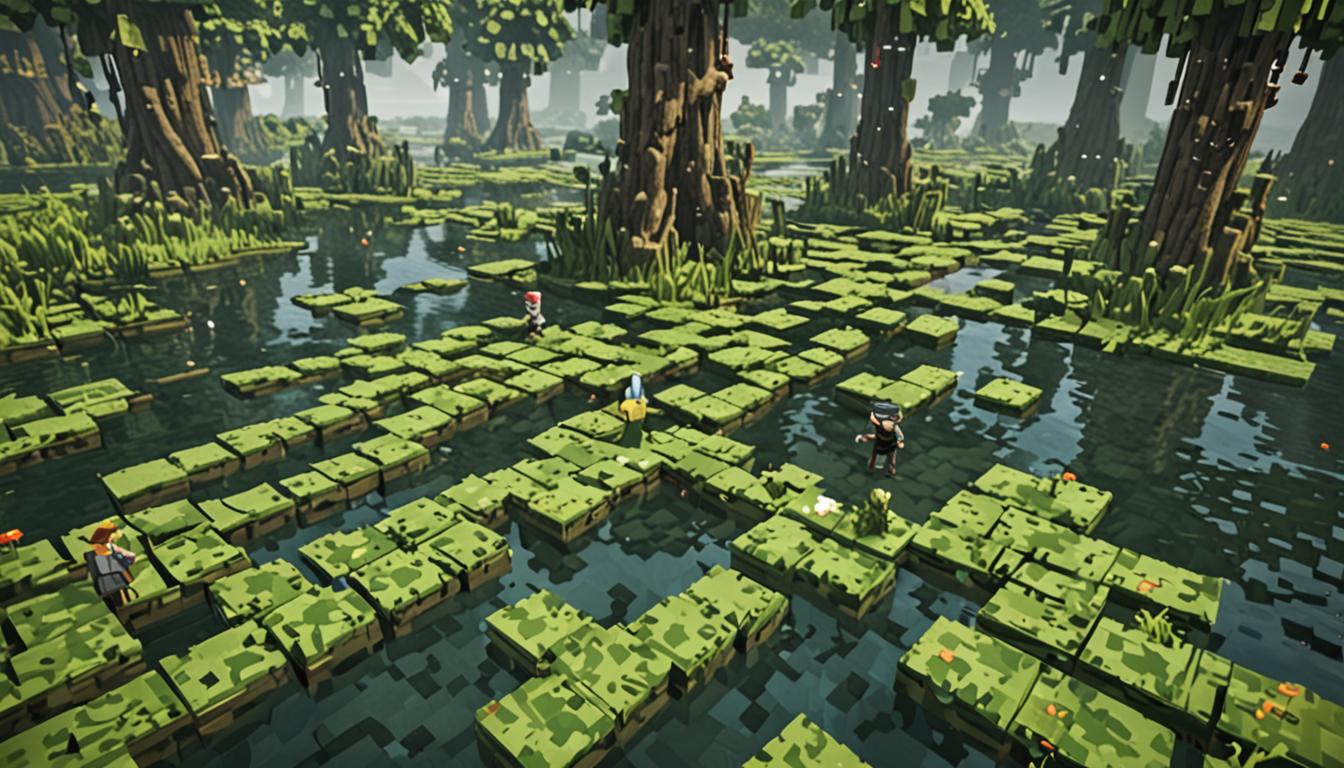 A sprawling Minecraft swamp biome with murky dark green water blocks and towering oak trees draped in hanging vine blocks, where two blocky pixelated player characters with square heads and rectangular bodies traverse across large green lily pad blocks that appear to be bouncing slightly above the water surface. The lily pads are bright green blocks with darker green edges, scattered across the swamp water in a pathway formation, while massive pixelated frogs with emerald green blocky bodies and bright yellow square eyes sit perched on some of the lily pads and muddy brown dirt blocks along the swamp's edge. One particularly large wise-looking frog character has a crown-like pattern of darker green blocks on its square head and glowing white pixel eyes that suggest ancient wisdom. The atmosphere is misty with subtle fog effects created by translucent gray particle blocks floating in the air, while brown mushroom blocks and tall swamp grass blocks dot the landscape between twisted tree trunks made of dark oak wood blocks. The lighting has a dim, mysterious quality with dappled sunlight filtering through the canopy above, casting blocky shadows across the swamp terrain and creating an adventurous yet slightly ominous mood perfect for a quest through dangerous wetlands.