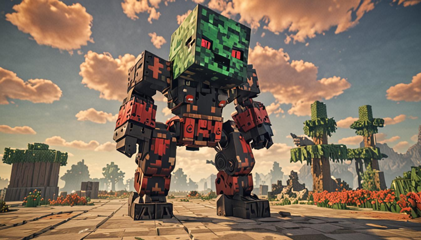 A menacing Minecraft villain character with a blocky, pixelated design stands prominently in the center, featuring dark robes made of black and gray wool blocks, glowing red cubic eyes, and visible green stink clouds emanating from his square mouth area. Behind him looms his bizarre flying contraption constructed entirely of brown leather boot-shaped blocks and transparent glass tank blocks filled with tropical fish, all connected with iron bars and redstone mechanisms in true Minecraft engineering style. The machine hovers above a quaint village scene with cobblestone wells scattered throughout, each well showing purple and green potion effects bubbling from within, created with particle effects typical of Minecraft brewing mechanics. Mrs. Squareface, a friendly villager NPC with a baker's apron made of white wool blocks and a concerned expression on her blocky face, stands near a wheat-block bakery building, pointing upward at the flying villain. The village setting features classic Minecraft architecture with oak wood plank houses, cobblestone paths, and wilted flower blocks scattered on the ground showing the effects of the villain's terrible breath, all rendered in the game's distinctive pixelated, cubic art style with bright, saturated colors and sharp block edges.