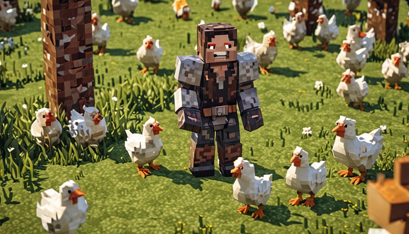 A Minecraft-style blocky scene showing three pixelated characters in a grassy area surrounded by white and brown blocky chickens. The central figure is Lord Foulbreath, a tall blocky character with dark armor and a surprised expression made of square pixels, looking upward with glowing red eyes. To his left stands a friendly blocky player character with an enthusiastic pose, arms outstretched in a welcoming gesture, wearing simple brown and blue pixelated clothing. On the right is Birdbrain, a shorter blocky character with a proud stance and a wide pixelated smile, gesturing toward several white and brown cubic chickens scattered around the green grass blocks. The chickens have their characteristic Minecraft blocky appearance with small square heads, white feathered bodies, and orange beaks, some pecking at seeds on the ground. Warm golden sunlight filters through the scene, casting blocky shadows on the bright green grass blocks, creating a hopeful and friendly atmosphere that suggests redemption and new friendships forming in this pixelated world.