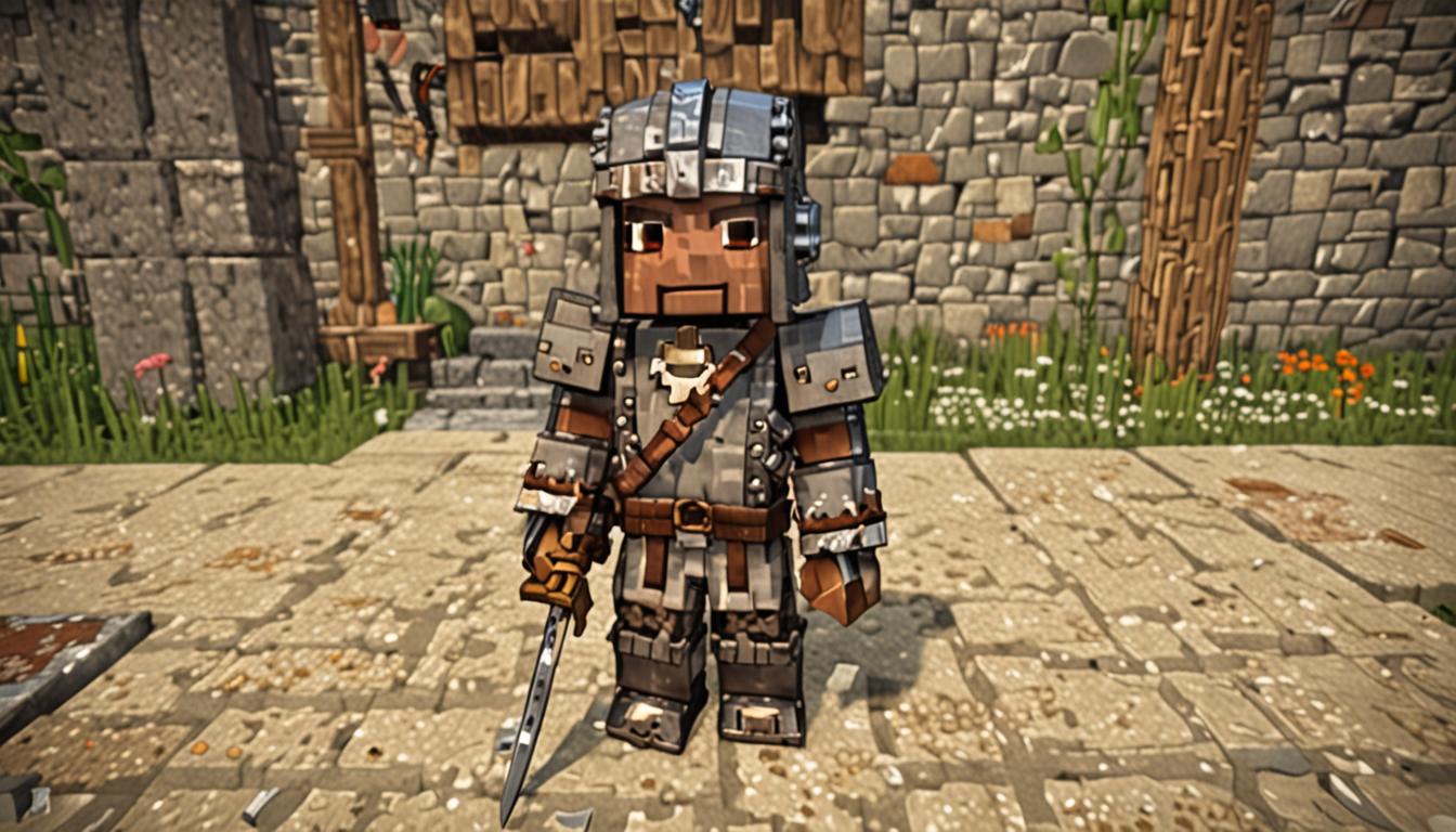 A Minecraft scene showing a blocky, pixelated character wearing mismatched, comical armor pieces - perhaps a leather helmet, chainmail chestplate, and iron leggings - standing proudly while holding a worn wooden sword with a brownish, weathered texture. The character has a confident, friendly expression with bright pixelated eyes and is surrounded by other diverse Minecraft players of various skin types, all waving enthusiastically with blocky arms raised. In the background, a simple school building constructed from cobblestone and oak wood planks features large windows and a wooden door, with a small sign post nearby. The scene is set during golden hour with warm, soft lighting casting long shadows across grass blocks dotted with small flowers, creating an atmosphere of acceptance and community. Several players display unique characteristics - one might have an unusual skin pattern, another wearing non-matching armor pieces, and others holding unconventional tools, all rendered in classic Minecraft's distinctive blocky, low-resolution art style with vibrant colors and sharp, pixelated edges.