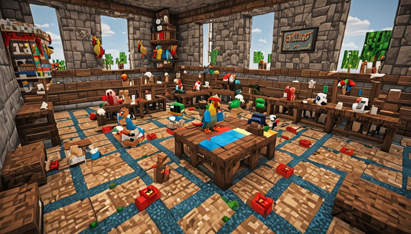 A vibrant Minecraft classroom scene with blocky, pixelated architecture featuring cobblestone walls and wooden plank flooring, where a colorful parrot with bright red, blue, and green feathers perches on a lectern made of dark oak wood, teaching a group of white and brown blocky chickens arranged in neat rows on the floor. Behind the parrot teacher, a chalkboard displays simple chicken-related symbols and drawings in white chalk. In the corner of the room stands a large, imposing Minecraft villager character with dark robes and glowing purple eyes, surrounded by lush green compost bins made of spruce wood filled with brown dirt blocks, bone meal, and small pink and red flower petals floating around him like magical particles. The villager has a gentle expression despite his intimidating appearance, with small rose petals and sparkles emanating from his robes in soft pink and white tones. The chickens are gathered excitedly around both teachers, some flapping their blocky wings, others pecking at the ground, creating a warm and whimsical educational atmosphere with soft sunlight streaming through large glass block windows, casting rectangular shadows across the pixelated wooden floor.
