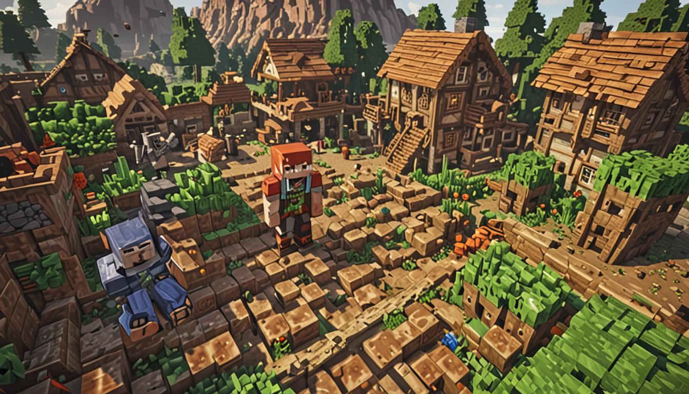 A Minecraft-style blocky, pixelated scene showing a triumphant moment after defeating a villain, with a large compost pile made of brown and green cubic blocks emitting small particle effects, surrounded by several rescued village structures with their characteristic cobblestone and wooden plank construction. In the foreground, a Minecraft player character with blocky limbs stands proudly next to a quirky companion character who appears to be communicating with several white, cube-shaped chickens that have small red combs and beaks. The defeated antagonist, Lord Foulbreath, is transformed and now emanates sweet-smelling pink and purple particle effects instead of green stink clouds, his blocky villager-like appearance showing a peaceful expression. The background features multiple saved villages with their iconic peaked roofs, glowing windows, and pathways connecting them, all rendered in Minecraft's distinctive cubic, pixelated art style. The lighting suggests a warm, victorious sunset with golden and orange hues casting blocky shadows across the landscape, while small floating heart particles and sparkles indicate the positive transformation and heroic resolution of the crisis.