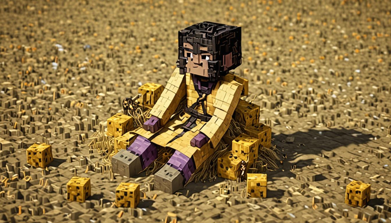 A melancholic Minecraft scene featuring a blocky, pixelated character named Lord Foulbreath sitting dejectedly in a pile of golden-yellow hay blocks, his cubic head drooped down in sadness. The character has a dark, tattered robe made of black and purple wool blocks, with small green particle effects faintly dissipating around him to suggest his fading stink magic powers. Another friendly Minecraft character approaches with an outstretched blocky arm, wearing brown leather armor and displaying a warm, pixelated smile on their square face. The setting is inside a rustic Minecraft barn or stable, with wooden plank walls, cobblestone flooring, and scattered hay bales creating a cozy but somber atmosphere. Soft, warm lighting filters through small windows, casting gentle shadows across the blocky terrain. In the background, there are hints of brewing stands and cauldrons suggesting potion-making, along with composting materials like bone meal, dirt blocks, and organic matter, symbolizing the transition from dark magic to helpful gardening. The overall mood captures a moment of redemption and friendship in the distinctive cubic, pixelated Minecraft art style.