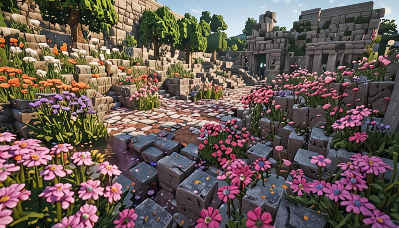 A Minecraft-style blocky scene showing a dramatic transformation from decay to beauty, with pixelated wells made of cobblestone and stone bricks that were previously emitting dark, noxious green particle effects now radiating bright, colorful flower particles in pink, white, and purple representing roses, daisies, and lavender scents. The blocky terrain around the wells is covered with vibrant Minecraft flowers - red roses, white daisies, and purple alliums sprouting from grass blocks, creating a stark contrast to patches of previously withered brown dirt blocks. In the center stands Lord Foulbreath, a villager-style character with a dark hooded robe made of black wool blocks, his pixelated face showing wide, surprised eyes and an open mouth expressing amazement, with small mint-green particle effects now emanating from him instead of the previous brown stink clouds. The sky transitions from a murky gray-green color on one side to a bright, clear blue with white blocky clouds on the other, symbolizing the magical transformation. Scattered around the scene are broken glass bottles and cauldrons that previously contained foul potions, now overflowing with colorful flower petals rendered in Minecraft's signature pixelated style. The lighting shifts dramatically across the scene, with dark, shadowy areas giving way to bright, warm sunlight filtering through the blocky atmosphere, illuminating the newly fresh and fragrant environment in classic Minecraft lighting effects.