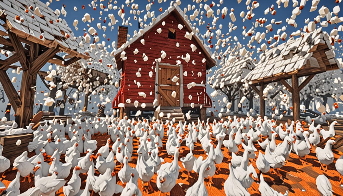 A chaotic Minecraft scene showing a massive explosion of blocky white chickens bursting from a destroyed wooden chicken coop, with pixelated white feathers floating densely through the air like thick snow particles. Hundreds of cubic Minecraft chickens with bright red blocky combs and orange beaks are scattered in mid-flight across the scene, their wings spread in classic Minecraft animation style. The air is completely filled with floating white pixelated feather particles creating a blizzard-like effect that obscures most of the background. In the center of the chaos, a villager character with an elaborate dark purple robe and menacing blocky features (Lord Foulbreath) sits in a crude flying contraption made of wooden planks and redstone components, with several chickens perched directly on his large cubic head, causing him to appear dizzy with swirling particle effects around him. The broken chicken coop in the background shows splintered wooden planks and fence pieces scattered about, with more chickens still emerging from the wreckage. The entire scene has dramatic lighting with particles and feathers catching sunlight, creating a sense of absolute pandemonium in classic Minecraft's distinctive blocky, pixelated art style.