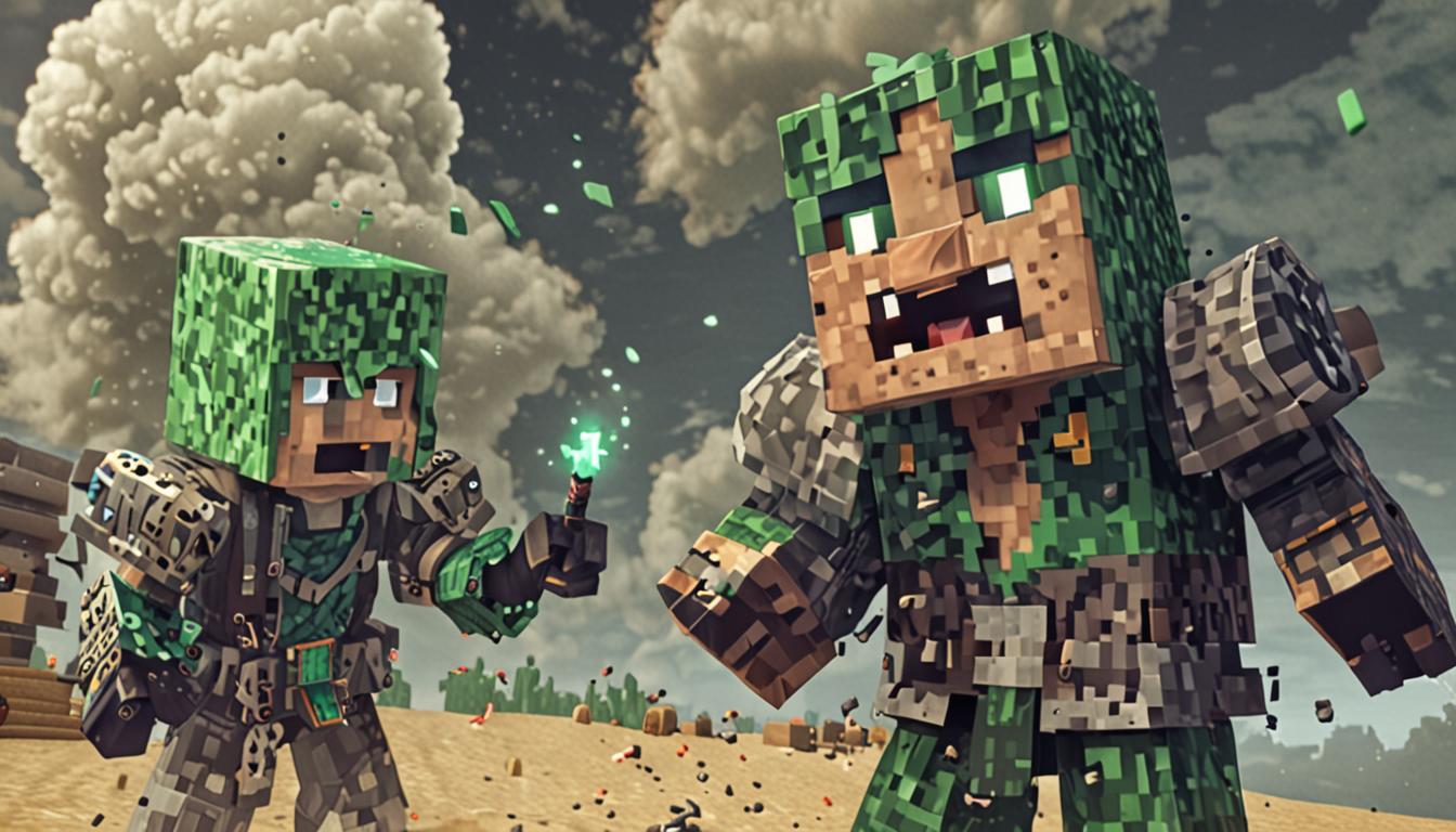 A dramatic Minecraft scene showing a pixelated hero character with blocky armor confronting a menacing villain named Lord Foulbreath, who has dark, tattered robes and a sinister blocky face with green particle effects emanating from his mouth to represent his terrible breath. The villain is mid-laugh with his square head tilted back, while green smoke clouds drift around him in typical Minecraft particle style. In the foreground, a loyal companion character called Birdbrain is shown mid-sprint with motion lines, arms pumping as he charges toward the confrontation. The scene culminates with Birdbrain crashing spectacularly into a detailed Minecraft village chicken coop made of oak wood planks and fencing, with white blocky chickens scattering in all directions, feathers floating as white pixel particles, and wooden planks breaking apart with typical Minecraft destruction physics. The village setting features cobblestone paths, simple blocky houses with peaked roofs in the background, and dramatic lighting that emphasizes the confrontational atmosphere between hero and villain while highlighting the comedic chaos of the chicken coop collision.