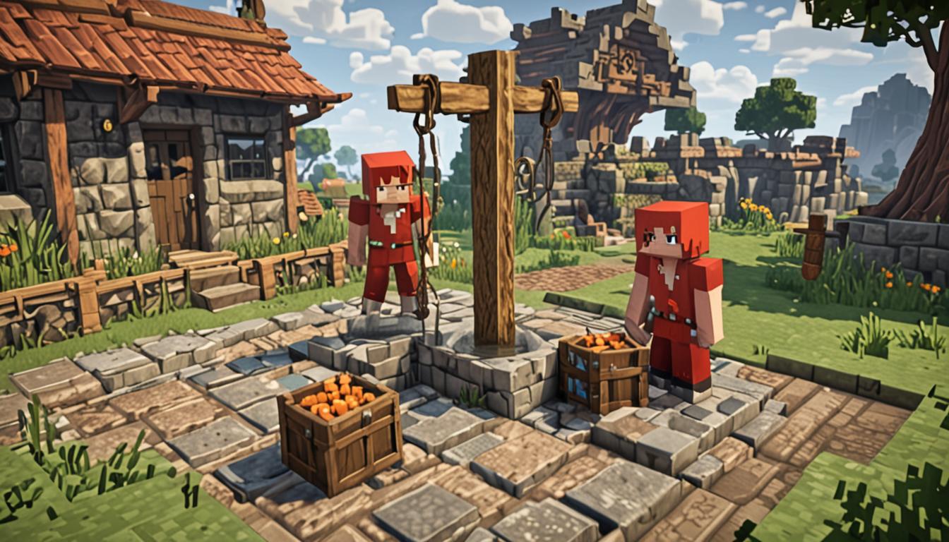 A Minecraft-style blocky, pixelated scene showing two player characters standing near a village well made of cobblestone blocks with a wooden bucket hanging from a rope. The main character holds a water bucket item while looking determined, with the classic Minecraft Steve-style blocky proportions. Beside them stands Birdbrain, a distinctive Minecraft character with bright red pixelated hair sticking up in spiky blocks, wearing a vibrant patchwork of mismatched colored armor pieces - a green chestplate, purple pants, yellow boots, and an orange helmet, all with the characteristic blocky Minecraft textures. The village background features typical Minecraft buildings with oak wood planks, cobblestone foundations, and hay bale roofs, while various pixelated farm animals like blocky chickens, cows, and pigs wander nearby. Birdbrain appears to be distracted, reaching toward a shiny gold ingot item floating nearby, while maintaining the classic Minecraft character's square head and simplified facial features. The scene has warm daylight lighting with soft shadows cast by the blocky structures, and scattered glowstone dust particles float in the air around the contaminated well, giving it a slightly ominous but colorful Minecraft aesthetic with the game's signature pixelated, low-resolution textures throughout.