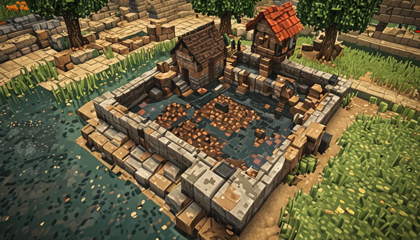 A vibrant Minecraft village scene with blocky, pixelated buildings made of cobblestone and oak wood planks, featuring a central stone well with dark, murky water blocks inside. A Minecraft player character with brown hair stands beside the well, holding a brown leather bag filled with dark brown compost blocks that have a subtle magical shimmer effect. Sparkling brown dirt particles are floating down from the character's hand into the well water, which is transforming from dark gray-black blocks to clear, bright blue water blocks with pink and yellow flower particle effects rising from the surface. A colorful parrot companion with red, blue, and green pixelated feathers is performing an animated dance nearby, with motion lines and happy particle effects around it. Several blocky Minecraft villagers with brown robes and distinctive large noses are gathered around, their arms raised in celebration with green sparkle particles above their heads indicating joy. The scene is set during daytime with bright, warm lighting casting blocky shadows, and colorful flowers like poppies and dandelions are scattered around the village ground, all rendered in the characteristic pixelated, cubic Minecraft art style.