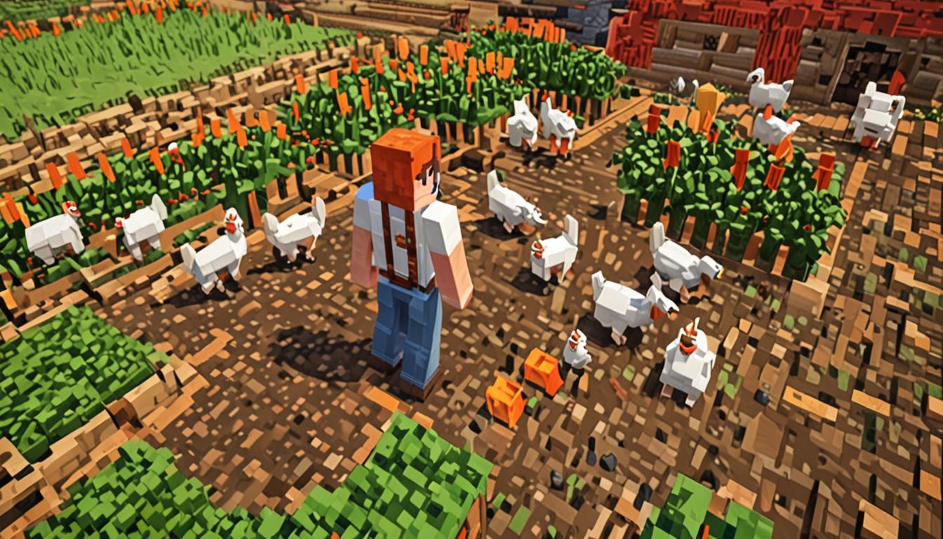 A Minecraft player character with blocky pixelated features stands in a peaceful farm area, surrounded by several white blocky chickens with bright red pixelated combs and orange beaks. The character holds carrots and potatoes in their blocky hands, with neat rows of tilled farmland blocks stretching behind them, some already planted with green carrot tops and potato plants sprouting from brown dirt blocks. In the background, a Minecraft village is visible with characteristic blocky houses made of cobblestone and oak wood planks, but chaos erupts as multiple villager NPCs with their distinctive brown robes and large noses are running frantically between the buildings, their blocky arms flailing in panic. Dark storm clouds gather overhead in the pixelated sky, casting ominous shadows across the normally bright and cheerful Minecraft landscape. The contrast between the serene farming area in the foreground with its peaceful chickens and organized crops, and the chaotic village scene in the background creates a dramatic sense of impending crisis, with the warm morning sunlight being gradually overtaken by darker, more threatening lighting as the peaceful Minecraft world transforms into something dangerous and unpredictable.