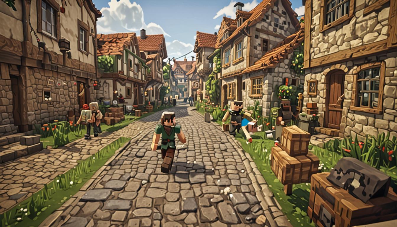 A frantic Minecraft-style scene in a village center with blocky cobblestone paths and pixelated buildings in the background. A Minecraft character with mismatched leather boots - one brown, one black - is running toward an ornate stone well made of cobblestone blocks with a wooden bucket and rope mechanism. Standing beside the well is an elderly villager NPC with a green-tinted blocky face, wearing brown robes and displaying a worried expression with pixelated features. The village elder has distinctive blocky gray hair and is gesturing frantically toward the well opening. The well itself is constructed from gray cobblestone blocks with a dark water surface visible inside, emanating green particle effects and swirling toxic-looking vapors in blocky, pixelated wisps. Surrounding the scene are typical Minecraft village structures with wooden planks, cobblestone foundations, and hay bale roofs, all rendered in the characteristic blocky, low-resolution aesthetic. The lighting suggests urgency with dramatic shadows cast by the buildings, and small green stink particles float around the contaminated well water, creating an atmosphere of crisis and environmental disaster in this pixelated Minecraft village setting.