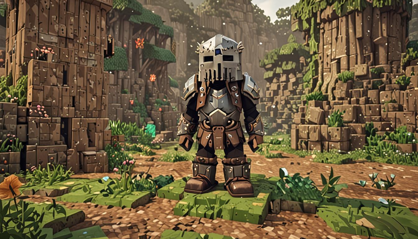 A whimsical Minecraft scene featuring a comical blocky knight character named Sir Stinkrot standing proudly in front of a massive, towering compost pile made of brown and green blocks with occasional bone meal particles floating around it. The knight has a distinctly crooked stone helmet that sits askew on his square head, mismatched leather boots (one brown, one black), and holds a weathered wooden sword with a slightly greenish tint and pixelated moss-like texture covering parts of the blade. His blocky armor appears slightly tarnished and comically ill-fitting, with a cheerful expression on his pixelated face. In the foreground, three brilliant diamond blocks sparkle with bright cyan and white light effects, half-buried in the brown compost blocks, casting prismatic reflections on the surrounding terrain. The background shows a partially constructed stone castle with wonky, uneven walls and towers that clearly went awry during construction, with some blocks placed at odd angles and gaps in the structure. The lighting has a warm, late afternoon Minecraft ambiance with golden sunlight filtering through the scene, creating long blocky shadows and highlighting the humorous contrast between the knight's grand aspirations and his accidentally comedic reality.