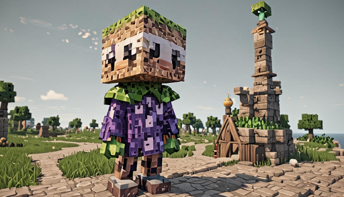 A menacing Minecraft-style villain character with a tall, blocky pixelated body structure and messy green cubic hair blocks scattered across his angular head, wearing a flowing purple cape made of blocky fabric textures adorned with small white pixelated fish bone decorations. The character stands ominously near a traditional Minecraft village well constructed from cobblestone blocks with a wooden bucket hanging from oak wood planks, while dark purple potion particles and swirling smoke effects emanate from the well water below. Surrounding the scene are wilted Minecraft flower blocks - roses, dandelions, and poppies - that appear darkened and drooping with brown, decaying pixelated textures instead of their usual vibrant colors. The village setting features classic Minecraft houses with oak wood walls, cobblestone foundations, and red wool roofs in the background, while the early morning lighting casts long blocky shadows across the grass block terrain. Green poison particle effects and dark miasma clouds swirl around the villain's head area, suggesting his terrible breath weapon, and multiple stone-brick village wells scattered throughout the scene show similar corruption with dark, bubbling water textures and ominous purple magical effects rising from their depths.