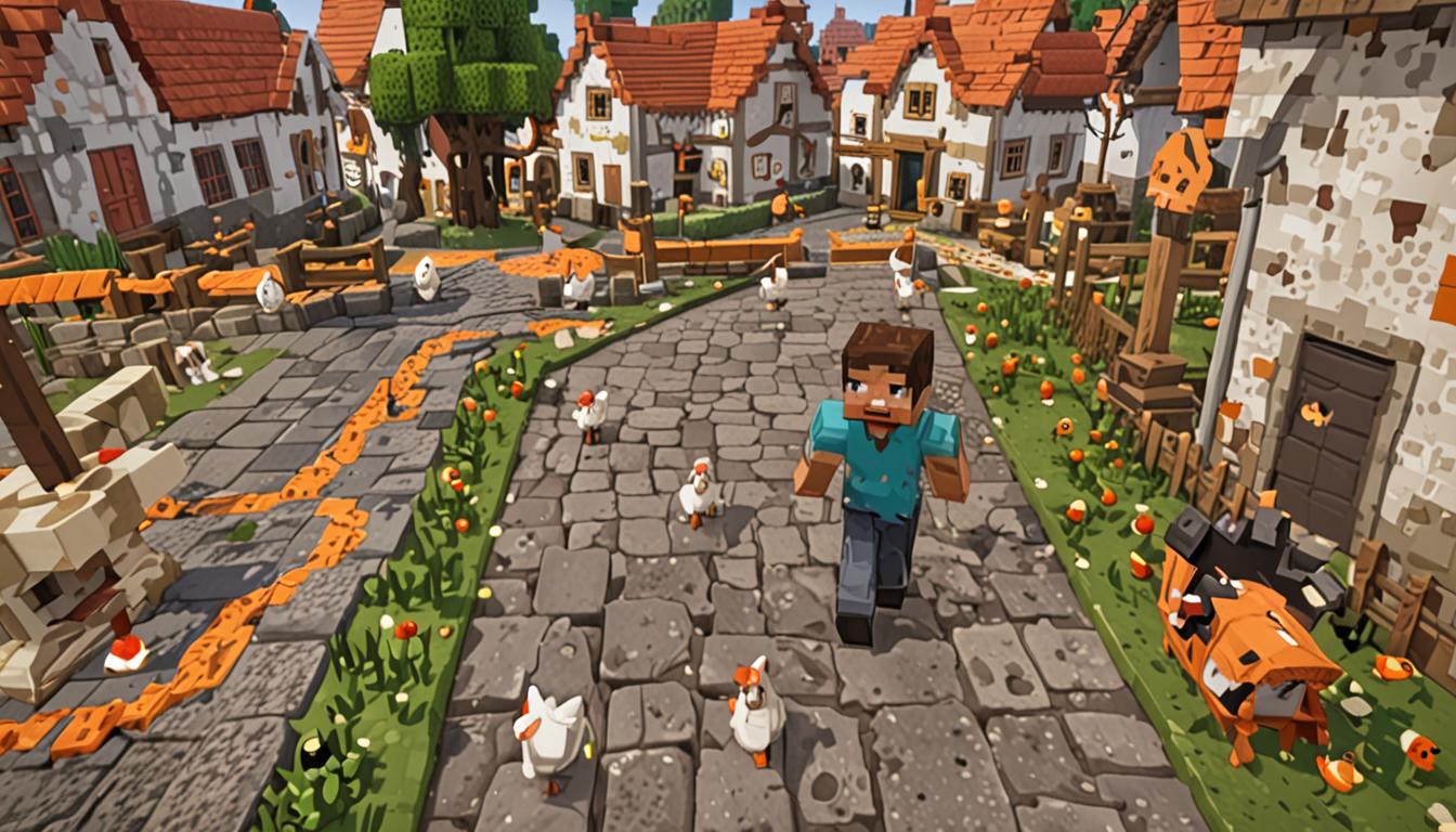 A cheerful Minecraft player character with blocky pixelated features stands in a vibrant village setting, surrounded by several white and red blocky chickens with bright orange beaks and feet scattered around cobblestone pathways. The character displays a warm, enthusiastic expression with bright eyes and is gesturing toward the chickens as if in animated conversation, with small heart particles floating between them. In the background, partially constructed blocky buildings show wooden planks, cobblestone foundations, and scattered building materials like dirt blocks and stone bricks, indicating ongoing construction projects. A wooden water well with stone brick base sits prominently in the village center, with empty water buckets placed nearby and dry dirt patches visible around the area, suggesting the water crisis theme. The scene is bathed in warm, golden Minecraft sunlight filtering through pixelated clouds, creating a hopeful and determined atmosphere despite the challenges. Various Minecraft tools like wooden pickaxes and shovels lean against nearby structures, while colorful wildflowers and grass blocks add life to the village environment, emphasizing the character's positive outlook and dedication to helping others learn and grow in this blocky world.