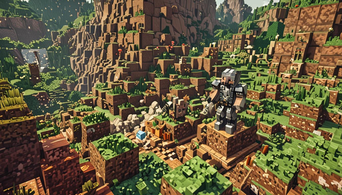 A Minecraft village scene featuring a blocky pixelated player character with knight-like armor standing proudly next to an enormous compost heap that towers like a green mountain made of various rotting food blocks, brown dirt blocks, and decomposing plant matter with green particle effects rising from it. The compost pile sparkles with embedded diamond blocks and emerald blocks glinting through the organic waste, their crystalline blue and green textures contrasting beautifully against the earthy brown and moldy green blocks. The player character has a confident stance with arms akimbo, wearing medieval-style blocky armor pieces, while other Minecraft villager characters in the background point and appear to be laughing with their simple pixelated faces showing amusement. The scene is set in a typical Minecraft village with cobblestone paths, wooden houses with pitched roofs, and a clear blue sky with blocky white clouds, while magical sparkle particles float around the treasure-filled compost mountain, emphasizing the contrast between the smelly heap and the precious gems hidden within its blocky, pixelated structure.