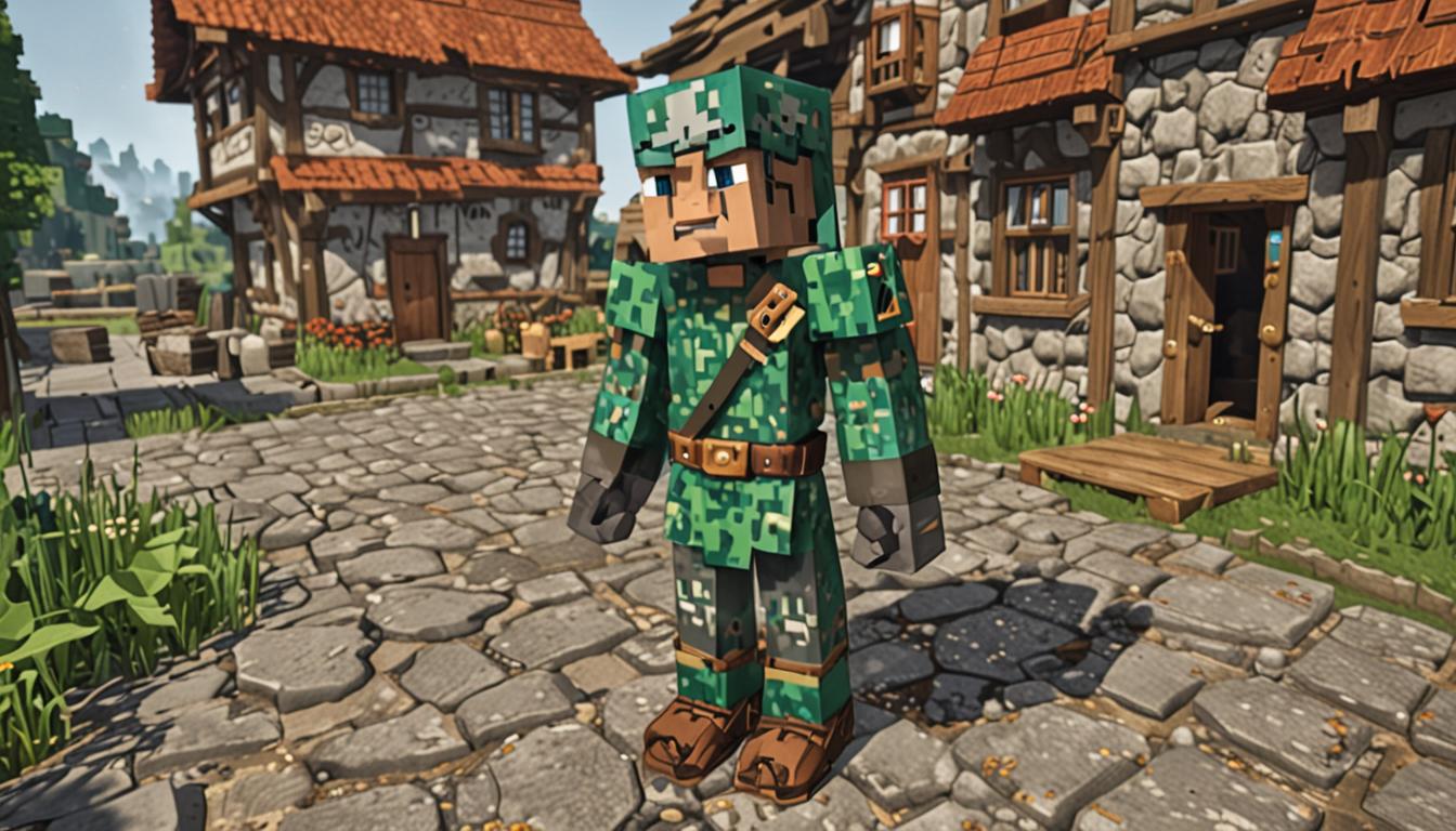 A blocky, pixelated Minecraft character named Sir Stinkrot stands in the center of a village scene, wearing mismatched armor consisting of one iron boot (gray metallic blocks), one brown leather boot, a wooden chest plate made of oak planks that appears slightly askew, and a cobblestone helmet tilted at an angle covering part of his bright emerald green pixelated eyes. His blocky face shows dirt texture patches on his square cheeks, and he holds a crude wooden sword with a brown oak handle and blade that appears dull and weathered. The village background features typical Minecraft buildings with cobblestone foundations, oak wood walls, and hay bale roofs, while small compost piles made of brown dirt blocks and bone meal particles are scattered around his feet. The lighting is warm and golden, casting blocky shadows across the dirt path ground, with other villager NPCs in the background looking amused at his peculiar appearance. The entire scene maintains the classic Minecraft aesthetic with sharp edges, cubic forms, and pixelated textures throughout every element.