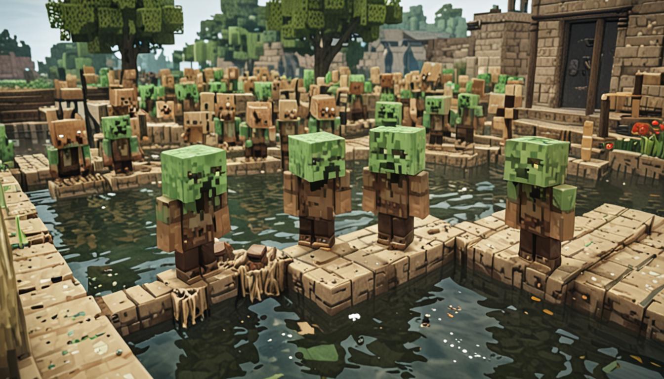A Minecraft village scene showing blocky, pixelated villagers with green-tinted faces displaying sickness, their cubic heads tilted and eyes appearing nauseous as they stand near a contaminated water well with dark, murky brown water bubbling ominously. The villagers, rendered in classic Minecraft style with brown robes and large noses, are turning away from bowls of food scattered on wooden tables, showing their loss of appetite. In the background, a menacing Nether portal glows with purple obsidian blocks and swirling purple particles, hinting at the villain's secret lair beyond. The scene transitions to show a dark Nether landscape through the portal, with red netherrack blocks, glowing lava pools, and a sinister brewing stand setup with glass bottles containing green, bubbling potions that emit toxic smoke particles. The atmosphere is tense and foreboding, with dim lighting casting long shadows across the village, while the Nether realm glows with an eerie red-orange light that contrasts sharply with the sickly green tones affecting the villagers and their contaminated water source.