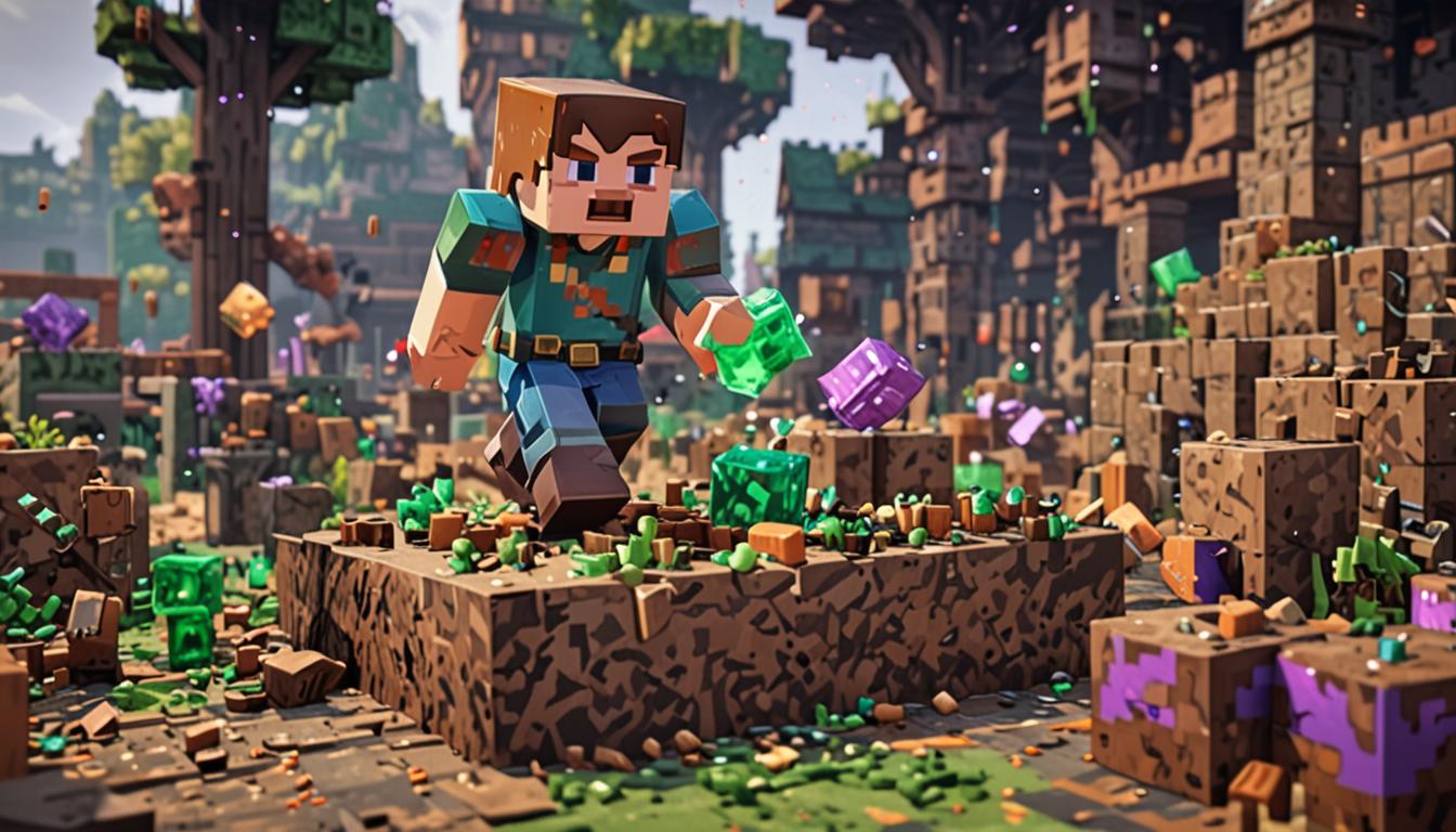 A Minecraft village scene showing blocky, pixelated characters in a chaotic aftermath of bouncing, with one character wielding glowing brown and green compost blocks that sparkle with magical particles. The main character, rendered in classic Minecraft blocky style with square limbs and a pixelated face, is crouched down mixing shimmering brown compost cubes with bubbling purple and green potion bottles scattered across the ground. Lord Foulbreath, a villainous Minecraft character with a dark cape and menacing blocky features, is shown dizzy and disoriented in the background, with spinning motion lines and green sick particles around his square head. The village setting features typical Minecraft cobblestone paths, wooden plank houses with blocky windows, and a central well structure, all rendered in the game's distinctive pixelated aesthetic. Magical sparkles and glowing effects emanate from the compost blocks as they interact with the toxic-looking potions, creating swirling green and brown particle effects that contrast against the earthy tones of the village buildings and the bright blue pixelated sky above.