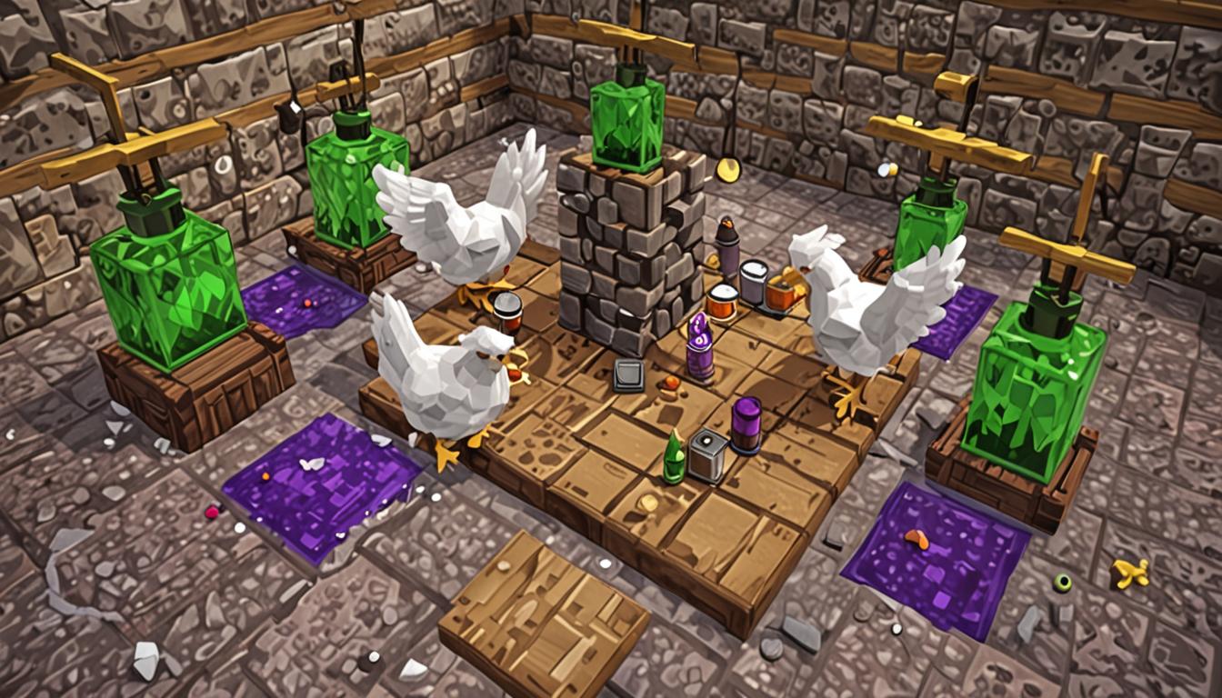 A chaotic Minecraft potion brewing room with blocky, pixelated white chickens flying through the air, their square beaks and angular wings knocking over tall, dark cauldrons that are tipping and spilling colorful liquid potions across the cobblestone floor. Multiple glass potion bottles with cork stoppers are scattered and overturned on wooden crafting tables, creating puddles of bright green, purple, and blue liquids that shimmer with magical particles. The room features stone brick walls with brewing stands topped with bubbling cauldrons, while magical sparkles and glowing particles float through the air as dark, smoky potions transform into bright, colorful flower-scented brews with pink and yellow magical essence swirling around them. Pixelated flower petals in various colors - red roses, yellow dandelions, and purple orchids - materialize and float throughout the scene, replacing the dark, noxious green smoke that previously filled the room. The lighting shifts from dim and murky to bright and cheerful as the transformation magic takes effect, with golden light rays streaming through the chaos and illuminating the helpful chickens as they continue their mischievous work of toppling more brewing equipment.
