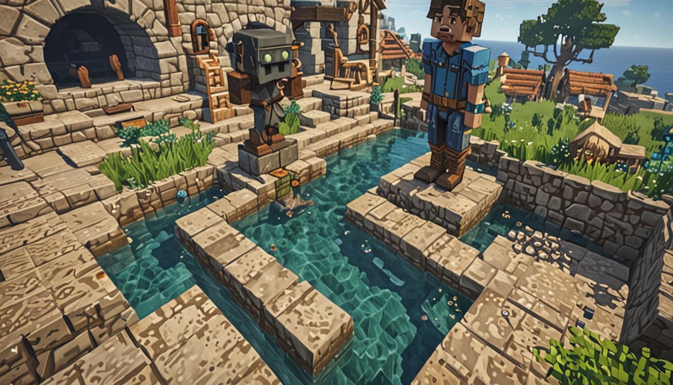 A blocky Minecraft village scene centered around a cobblestone well with clear blue water, featuring a proud pixelated statue made of smooth stone blocks depicting a heroic player character with a distinctly crooked iron helmet tilted at an angle and mismatched leather boots - one brown, one black. The statue stands on a small stone pedestal next to the well, with detailed blocky features showing the character's unique quirky appearance. In the foreground, a shiny golden medal crafted from gold blocks sits prominently, catching warm sunlight with gleaming yellow pixelated surfaces and intricate blocky engravings. The surrounding village shows grateful Minecraft villagers with their characteristic large noses and brown robes gathered around, some pointing admiringly at the statue while others hold emeralds and bread as offerings. Cobblestone paths wind between small blocky houses with oak wood frames and hay bale roofs, while the late afternoon sun casts long shadows across the pixelated landscape, creating a warm, celebratory atmosphere filled with the golden glow of achievement and community appreciation.