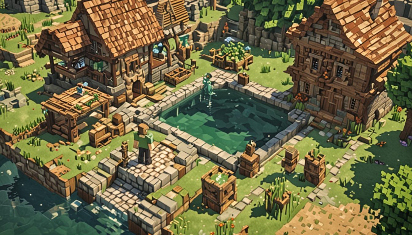 A heartwarming Minecraft village scene showing two blocky pixelated characters standing together beside a crystal-clear water well in the center of a thriving village, with the taller character having a distinctive green-tinted skin and friendly expression representing the reformed Lord Foulbreath, while the shorter character appears as a typical Minecraft player with brown hair and casual clothing. The village surrounds them with cobblestone paths, wooden houses with red clay tile roofs, and lush green grass blocks dotted with colorful flower blocks, while sparkling blue water flows cleanly through stone channels and fountains throughout the settlement. In the background, other blocky villager NPCs with their characteristic large noses and brown robes gather around, watching as magical sparkles and clean water effects emanate from buckets and water-related items scattered near the well. The scene is bathed in warm golden sunlight filtering through fluffy white cloud blocks in a bright blue pixelated sky, creating a peaceful and optimistic atmosphere that emphasizes friendship, redemption, and community cooperation in the distinctive cubic, low-resolution Minecraft art style.