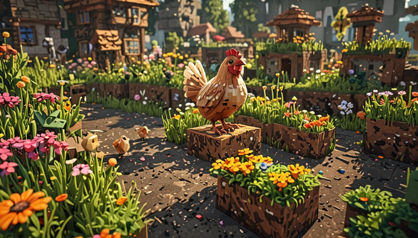 A vibrant Minecraft village scene featuring a blocky, pixelated character with distinctive green and brown compost blocks scattered around their feet, emanating magical sparkle particles and glowing effects that transform dark, withered blocks into bright, colorful flowering blocks and lush grass. Beside them stands a friendly Minecraft chicken companion with oversized, expressive blocky eyes and slightly ruffled pixelated feathers, surrounded by several other chickens in various poses as if listening intently. The village backdrop shows classic Minecraft houses with cobblestone foundations, wooden plank walls, and red clay tile roofs, with villagers visible in the distance. Golden sunlight filters through the scene, casting warm blocky shadows and highlighting the magical transformation occurring around the compost area, where dead brown blocks are shifting into vibrant green grass blocks, colorful flower blocks, and healthy crop blocks. The overall atmosphere radiates warmth, acceptance, and magical wonder, with particle effects swirling around both characters to emphasize their special abilities and the positive impact they're having on their blocky, pixelated village environment.