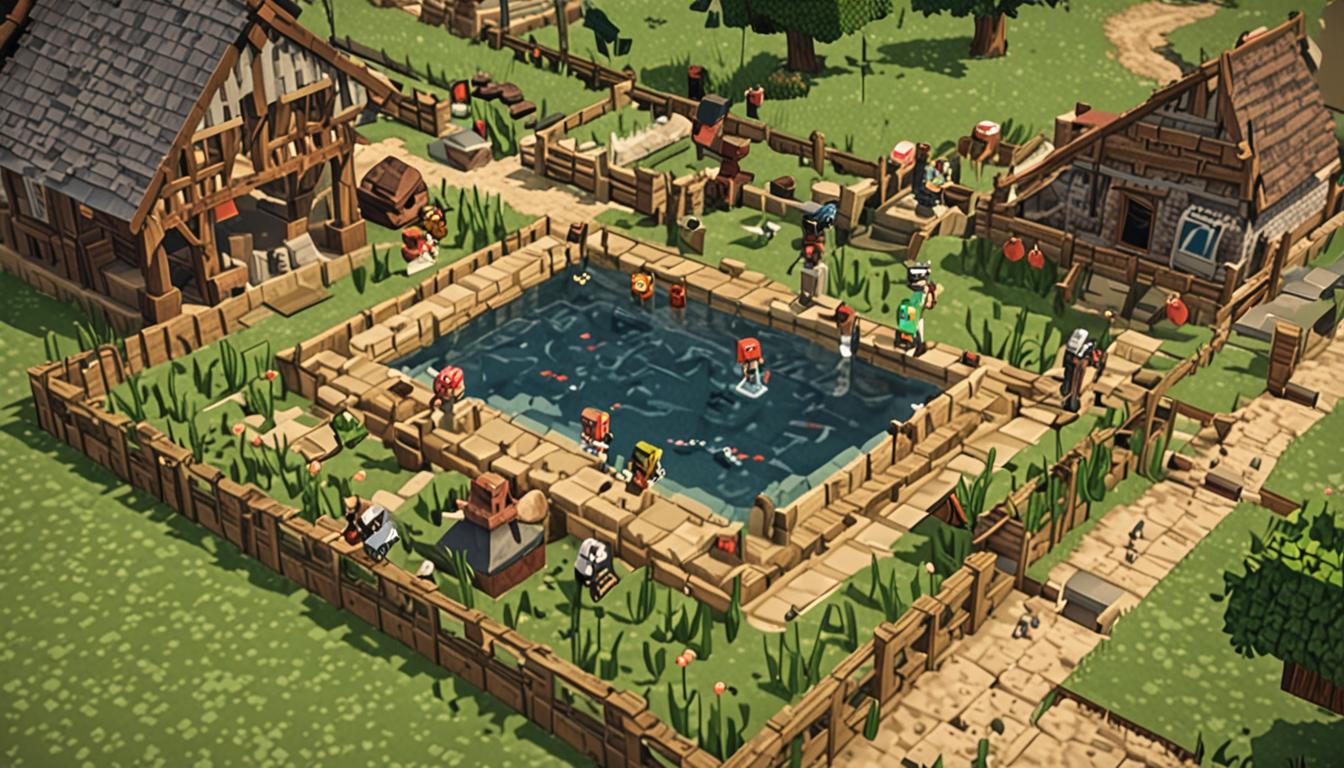 A heartwarming Minecraft village scene showing blocky pixelated characters working together to solve a water crisis, with multiple Steve and Alex-style players of varying skill levels collaborating around a dried-up village well made of cobblestone and oak wood planks. In the foreground, a smaller, less experienced player character with basic leather armor is shown helping carry water buckets alongside more advanced players wearing diamond armor, demonstrating that contribution matters more than skill level. The village background features simple wooden houses with missing water sources, while determined player characters are seen digging new water channels with iron shovels and placing water buckets to create flowing water streams. Warm golden sunlight filters through the pixelated sky, casting blocky shadows that emphasize the collaborative effort, with hearts and sparkle particles floating around the characters to represent kindness and determination. The scene captures the essence of community cooperation with various Minecraft tools scattered around - wooden pickaxes, stone shovels, and empty buckets - showing that every player, regardless of their equipment quality, contributes meaningfully to solving the village's water shortage problem.