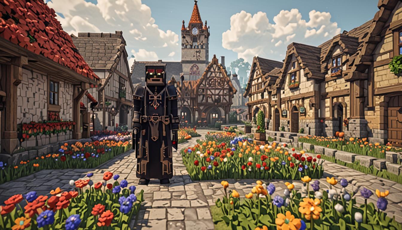 A Minecraft village scene with blocky, pixelated buildings made of cobblestone and oak wood planks, featuring a tall, imposing character representing Lord Foulbreath with dark robes and a menacing blocky face, standing among colorful pixelated flowers scattered throughout the village grounds. The villain character has a softened expression showing transformation, surrounded by vibrant Minecraft-style flowers like poppies, dandelions, and roses with their characteristic blocky petals and square stems. Village houses have wooden doors and glass block windows, with other Minecraft villager characters visible in the background wearing their typical brown robes and having their distinctive large noses and blocky heads. Sweet-smelling particles and sparkles float through the air in a magical, shimmering effect around the flowers, creating a warm, peaceful atmosphere with soft golden lighting filtering through the pixelated scene. The ground is covered with grass blocks and dirt paths, while the overall mood conveys redemption and the power of kindness transforming even the most unlikely characters in this blocky, cubic Minecraft world.