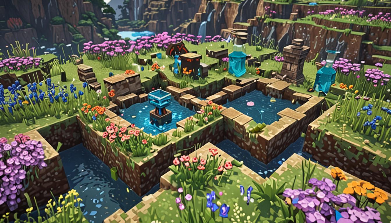 A Minecraft village scene with multiple stone-brick wells scattered across a grassy landscape, each well featuring a blocky stone rim and dark water inside that transforms from murky green pixels to crystal-clear blue as magical flower potions are poured in. The potions appear as glowing, translucent bottles with swirling pink and purple particle effects, held by pixelated hands reaching toward each well. Sparkling diamond-like particles shimmer and dance above the newly purified water surfaces, creating bright white and blue light effects that reflect off the blocky stone well structures. The scene is bathed in warm golden sunlight streaming through cubic clouds, illuminating colorful pixelated flowers - roses, poppies, and dandelions - that have begun sprouting around the wells in perfect Minecraft block formations. The village background shows characteristic blocky wooden houses with cobblestone foundations, and the entire scene radiates a magical, hopeful atmosphere with particle effects suggesting the sweet floral scents replacing the previous contamination, all rendered in classic Minecraft's distinctive cubic, pixelated art style.