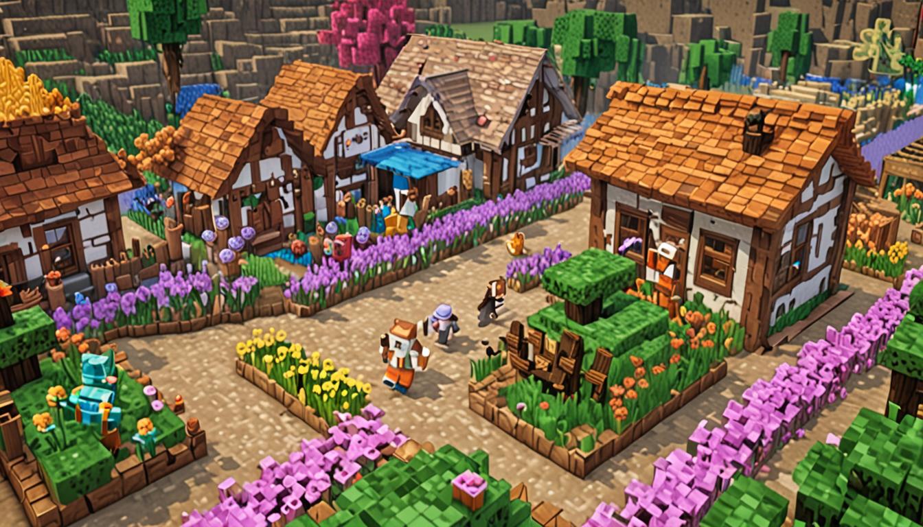 A dramatic Minecraft scene showing two blocky, pixelated players running urgently through a village landscape, their arms filled with colorful glass bottles containing swirling magical flower potions in vibrant hues of pink, purple, blue, and green. Several white and brown blocky Minecraft chickens are flying alongside them, each gripping additional potion bottles in their orange beaks and yellow claws, with motion lines suggesting rapid flight. In the background, a large obsidian Nether portal glows with purple particles and flames, indicating their recent arrival. The village setting features multiple cobblestone wells with wooden bucket mechanisms, surrounded by concerned villager NPCs with their characteristic brown robes and large noses, some appearing weakened or sitting on the ground. The scene is bathed in urgent daylight with scattered clouds overhead, while magical sparkles and potion particle effects trail behind the running characters. Stone pathways wind between simple blocky village houses with oak wood frames and cobblestone foundations, creating a sense of desperate hope as the heroes rush to deliver their life-saving magical remedies to the water-starved community.