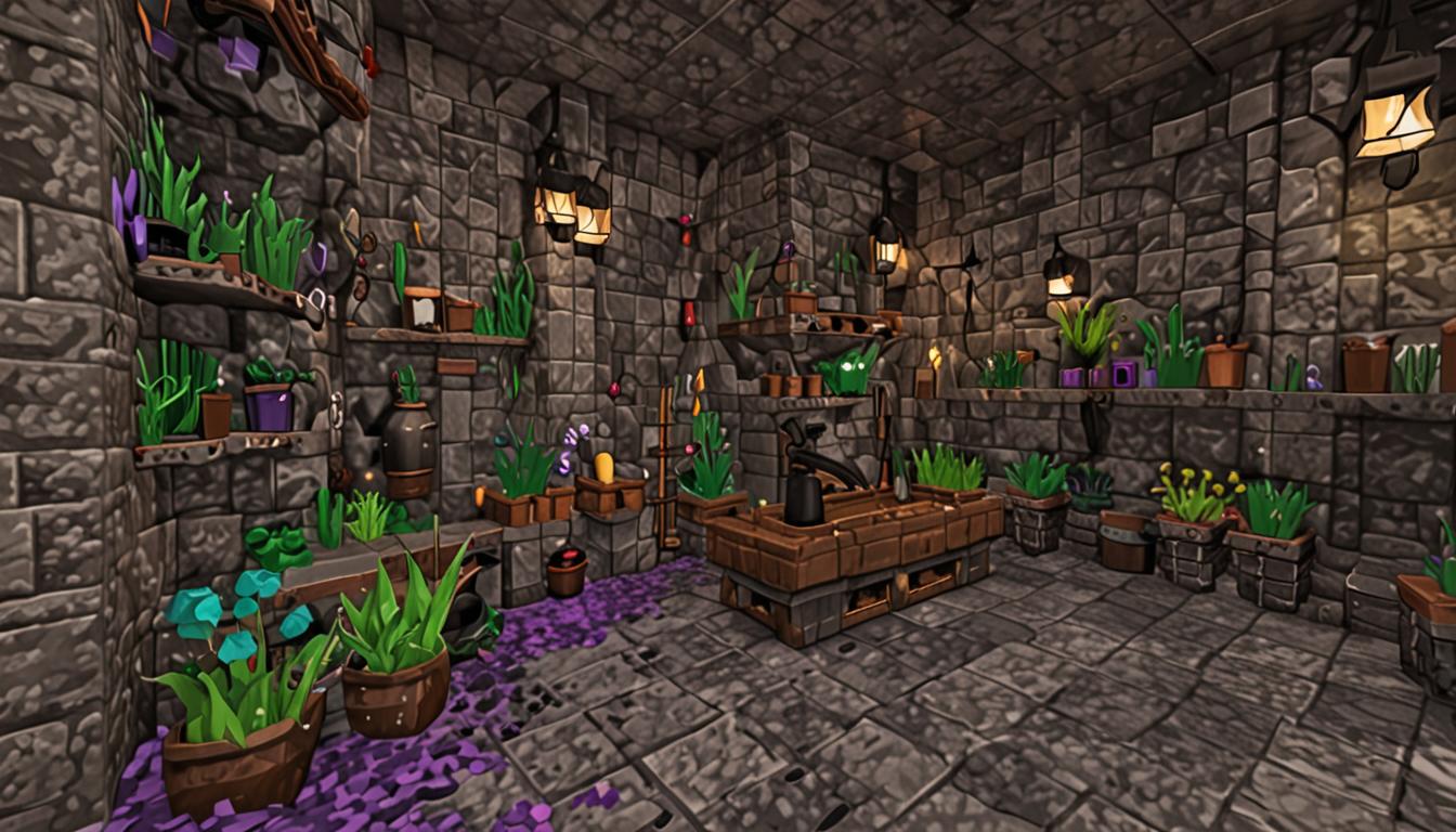 A detailed Minecraft-style underground lair scene with blocky, pixelated architecture featuring stone brick walls and floors. In the center, large black iron cauldrons with bubbling green and purple potions emit particle effects and steam clouds. Scattered around the cauldrons are Minecraft-style items including rotten flesh blocks, brown mushroom blocks, and fish items with a decayed texture. A menacing villager character with dark robes and an evil expression stands behind the cauldrons, with visible green stink particle effects emanating from his mouth area. The scene shows multiple Minecraft player characters with blocky bodies bouncing wildly through the air in various positions, their faces showing dizzy expressions with swirling particle effects around their heads. The lighting is dim and atmospheric with torches mounted on the stone walls casting flickering orange light, while the cauldrons glow with an eerie green luminescence. Potion bottles of various colors line wooden shelves carved into the stone walls, and the entire scene maintains the characteristic low-resolution, cubic aesthetic of Minecraft with sharp edges and pixelated textures throughout every element.