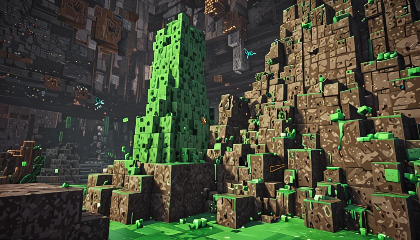 A Minecraft scene showing a tall, precarious tower of bright green bouncy slime blocks stacked high in a dark stone corner, mid-collapse with blocks tumbling and bouncing in all directions. A blocky Minecraft character with bird-like features jumps excitedly nearby, arms raised in celebration, having just accidentally bumped into the tower. The slime blocks are rendered in vibrant translucent green with their characteristic jelly-like pixelated texture, some blocks frozen mid-bounce with motion blur effects. The setting appears to be inside a villainous lair with dark cobblestone walls and dim torch lighting casting dramatic shadows. Green slime particles and bounce effects scatter through the air as the tower crashes down with a dramatic splashing motion, creating a chaotic but colorful scene of destruction. The lighting emphasizes the contrast between the bright green slime blocks and the darker stone environment, with the excited character's blocky form clearly visible against the collapsing tower.