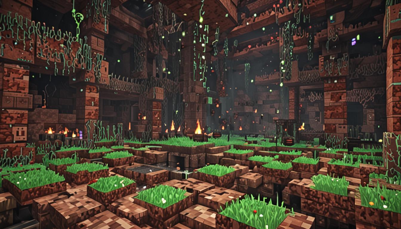 A dark, ominous Minecraft Nether lair scene with blocky, pixelated architecture made of dark red nether brick blocks forming walls and structures. The hideout features multiple brewing stands with bubbling cauldrons containing bright green potions, emitting thick, swirling green smoke particles that rise and spread throughout the chamber. Lord Foulbreath, a menacing Minecraft-style villager character with dark robes and glowing red eyes, stands behind a brewing station surrounded by glass bottles filled with various colored potions and ingredients. The scene is dimly lit with flickering orange and red lighting from lava sources and fire blocks, casting eerie shadows on the rough nether brick walls. Particle effects show green vapor clouds floating through the air, and the floor is made of dark nether brick with scattered potion ingredients like spider eyes, blaze powder, and nether wart in item form. The atmosphere is thick with green smoke effects, creating a sinister, underground laboratory feeling with Minecraft's characteristic blocky, pixelated aesthetic throughout every element of the scene.
