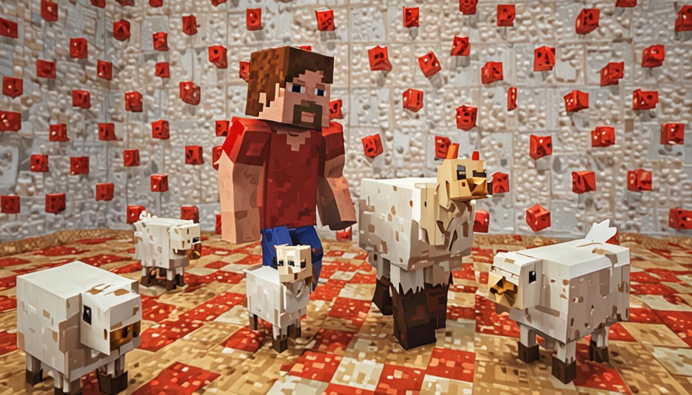 A blocky, pixelated Minecraft scene featuring a clumsy Steve-like character with oversized cubic feet stumbling slightly forward, arms outstretched for balance, rendered in the classic Minecraft art style with warm, friendly facial features made of square pixels. Surrounding him are several white and brown cubic Minecraft chickens with bright red pixelated combs and beaks, positioned as if they're offering guidance or advice. The scene is set in a vibrant Minecraft village environment with cobblestone paths, wooden planks, and stone brick buildings in the background, all rendered in the distinctive blocky aesthetic. Golden and diamond treasures are scattered partially hidden behind pixelated bushes and stone blocks, suggesting secret locations, while dark cave entrances with torch lighting hint at mysterious passages. The overall atmosphere is warm and cheerful with bright, saturated Minecraft-style lighting, emphasizing the friendship and teamwork between the character and his chicken companions. Water crisis elements are subtly incorporated through empty stone wells, dried pixelated farmland blocks, and concerned villager NPCs in the distant background, all maintaining the classic cubic Minecraft visual style.