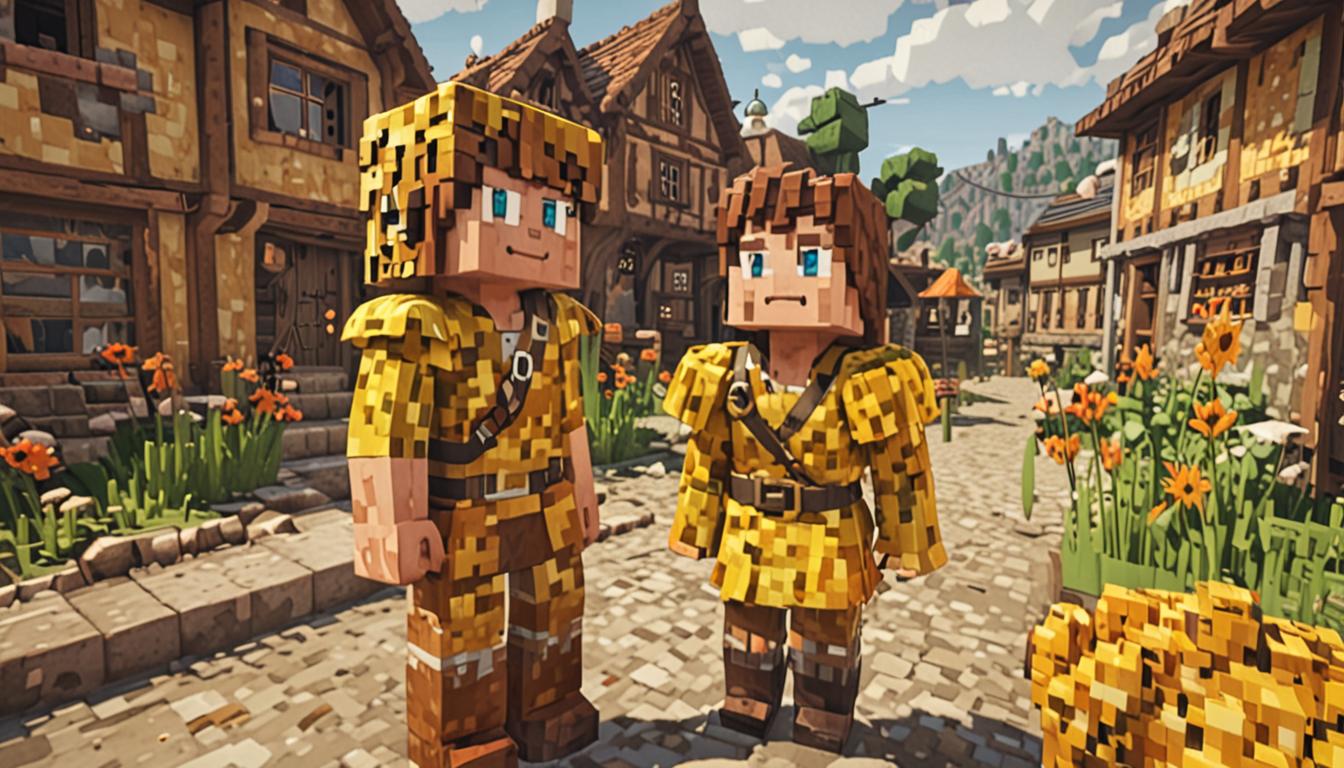 A Minecraft-style blocky pixelated scene showing two player characters standing together in a village setting, with one character having messy brown blocky hair texture that resembles a bird's nest made of brown wool blocks, wearing a bright yellow leather tunic with pixelated yellow dye coloring. The character named Birdbrain has a friendly blocky face with square pixel eyes and is surrounded by several Minecraft chickens with white feathered block textures and orange beaks, appearing to communicate with animated speech bubble particles made of small white blocks floating between them. The village background features classic Minecraft cobblestone and oak wood plank buildings with water well structures visible, suggesting the water crisis setting, while the lighting has a warm daytime ambiance with blocky sun rays filtering through. The second player character stands nearby with standard Minecraft Steve-like proportions, both characters rendered in the distinctive cubic, voxel-based art style with sharp edges and pixelated textures throughout the entire scene.