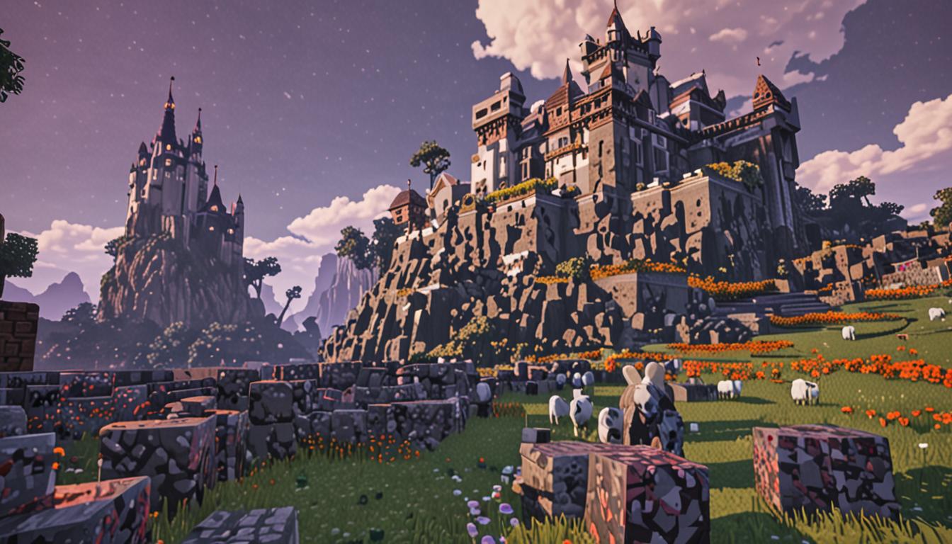 A dramatic Minecraft scene showing a menacing dark castle perched on a blocky hill in the background, constructed from dark stone blocks and blackstone with ominous purple lighting emanating from its windows. In the foreground, a village fountain made of cobblestone and water blocks sits near colorful spotted blocks scattered on grass terrain, while a white pixelated sheep with blocky wool texture stands alert with an expression of panic. The central focus is Baron Puscrust, a villager-style character wearing dark robes and holding a mystical staff that glows with swirling particle effects, surrounded by his army of tamed wolves with red collars and towering iron golems with glowing red eyes. The scene depicts blocks being magically lifted and swirled through the air toward the staff, showing walls, roof blocks, and doorstep blocks being torn from nearby village houses. The atmosphere is tense with dark storm clouds overhead, moonlight casting eerie shadows across the blocky landscape, while village houses show missing walls and roofs with gaping holes where blocks have been stolen. Purple magical energy trails connect the floating blocks to the Baron's staff, creating a sense of supernatural theft and crisis in this pixelated Minecraft world.
