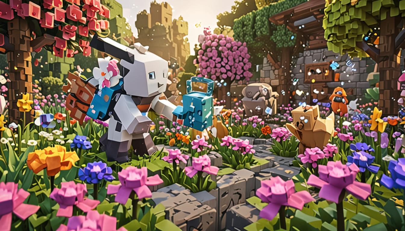 A Minecraft scene featuring a blocky pixelated player character holding a shimmering magical watering can with glowing enchantment particles, standing in a vibrant flower garden where colorful blocky flowers are instantly blooming with sparkly effects. The character is surrounded by friendly Minecraft animals - cubic rabbits with twitching ears, fluffy square sheep, and boxy chickens - all appearing to communicate with speech bubble particles floating above them. In the background, a cascading pixelated waterfall flows down blocky stone cliffs, with rare diamond and emerald ore blocks visible behind the water stream, glinting with magical light effects. Scattered throughout the scene are decorative flower pots containing hidden treasure items like gold ingots and rare gems, with soft glowing auras around them. The landscape features rolling hills of grass blocks, some placed at unusual angles, with hidden cave entrances partially visible where sheep are pointing with their blocky hooves. The overall atmosphere is warm and magical, with golden sunlight filtering through the scene, creating a sense of wonder and adventure that captures the essence of a helpful, talented Minecraft player discovering secrets and helping others in their blocky world.