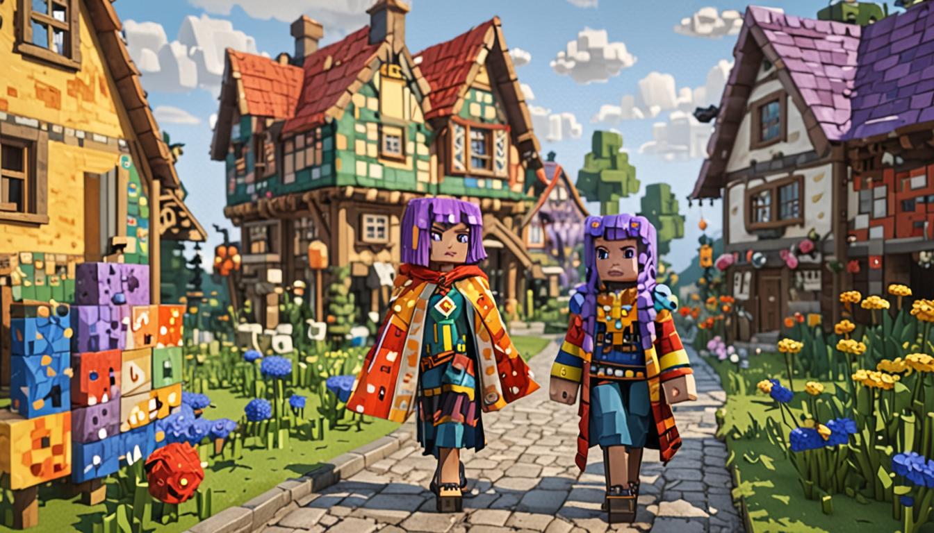 A Minecraft village scene featuring a distinctive blocky character with bright purple pixelated hair adorned with small blue cubic flower blocks tucked behind her ears, wearing a vibrant polka-dotted rainbow wool cape with geometric blocky patterns in red, orange, yellow, green, blue, and purple squares. The character stands proudly next to a charmingly crooked house built from various Minecraft blocks that leans dramatically to one side, with misaligned walls, uneven windows, and a tilted roof made of colorful wool and wood blocks. Around her feet are several puddles of water blocks reflecting the overcast sky, with the character appearing to have just splashed through them, creating small water particle effects. Scattered throughout the scene are various spotted blocks with unique speckled textures in different colors - some half-buried in grass blocks, others nestled against tree trunks, and a few floating mysteriously in the air. In the background, other traditional Minecraft village houses with straight walls and proper construction stand in perfect contrast, populated by simple blocky villager NPCs who appear to be watching with amused expressions. The lighting suggests a post-rain atmosphere with soft, diffused sunlight filtering through cubic storm clouds, casting gentle shadows across the grass block terrain dotted with small flower blocks and creating a whimsical, slightly chaotic but endearing Minecraft village environment.