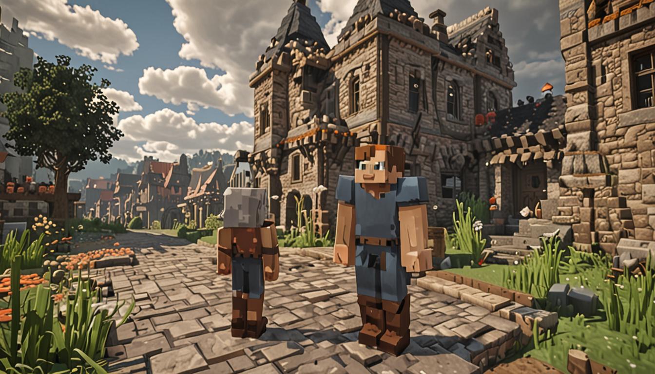 A dramatic Minecraft scene showing a worried blocky character with pixelated square features standing in a humble village setting, wearing brown blocky boots and simple clothing, speaking with an elderly villager NPC named Mrs. Woolsworth who has gray pixelated hair and traditional villager robes. In the background, a menacing dark castle looms against storm clouds, built with obsidian and dark stone blocks reaching impossibly high into the pixelated sky with ominous purple lighting emanating from its towers. The village around them shows cozy blocky houses made of wood planks, cobblestone, and colorful wool blocks, with worried villager NPCs peeking out from doorways and windows. The lighting creates a tense atmosphere with shadows cast across the blocky terrain, while scattered building blocks and materials lie around the village ground, suggesting the impending threat. The main character appears small and uncertain against the backdrop of the towering evil castle, with their blocky hands clasped nervously as they look up at Mrs. Woolsworth with pixelated eyes showing determination mixed with fear. The entire scene captures the classic Minecraft aesthetic with sharp edges, cubic forms, and the distinctive low-resolution texture style that defines the game's visual identity.