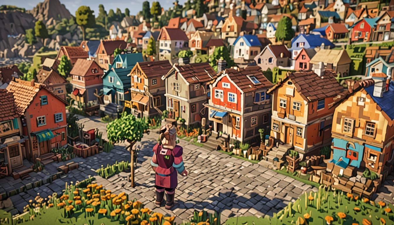 A Minecraft-style blocky, pixelated village scene showing a young female character with cube-shaped head and body standing proudly in the center, surrounded by colorful wonky houses with misaligned blocks and crooked rooflines made of various Minecraft materials like cobblestone, wood planks, and dirt blocks. Scattered around her feet are distinctive spotted blocks in vibrant colors, glowing with a magical pixelated shimmer. Her loyal companion Gooeybooger, a friendly green slime creature with large cubic eyes and a cheerful expression, bounces beside her with translucent blocky texture. In the background, a menacing figure of Baron Puscrust lurks with dark armor made of obsidian blocks and glowing red eyes, partially hidden behind shadowy structures. The village is filled with grateful blocky villagers with their characteristic large noses and brown robes, cheering and raising their cube-shaped arms in celebration. White pixelated chickens waddle around the scene, some with ruffled feathers suggesting recent commotion, while small puddles of water blocks reflect the warm golden sunlight filtering through cubic clouds. The entire scene radiates triumph and friendship with bright, cheerful lighting that highlights the textured surfaces of all the blocky elements, creating an atmosphere of adventure, discovery, and heartwarming victory in classic Minecraft aesthetic.