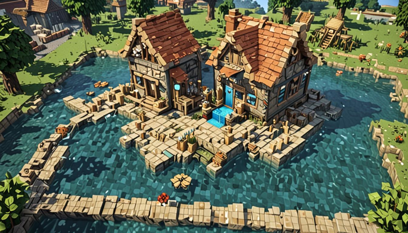 A charming Minecraft village scene featuring a uniquely constructed blocky house with creatively placed blocks in unusual orientations, some upside-down cobblestone and wooden planks creating an endearingly wonky but artistic structure. In the foreground, a cheerful Minecraft player character with blocky pixelated features dances joyfully in a small water puddle made of blue water blocks, with splash particle effects around their feet. Nearby stands a friendly green slime mob named Gooeybooger, its translucent cubic body glistening with sticky slime particles and a happy expression. Several Minecraft villagers with their characteristic brown robes and large noses are gathered around, displaying pleased expressions and animated poses suggesting admiration rather than mockery. The scene is bathed in warm golden sunlight filtering through blocky clouds, creating a cozy atmosphere that emphasizes friendship, acceptance, and the beauty of being different. Scattered around the area are various Minecraft building blocks in different orientations, some placed unconventionally, showcasing the creative and unique building style that makes the wonky house so special.