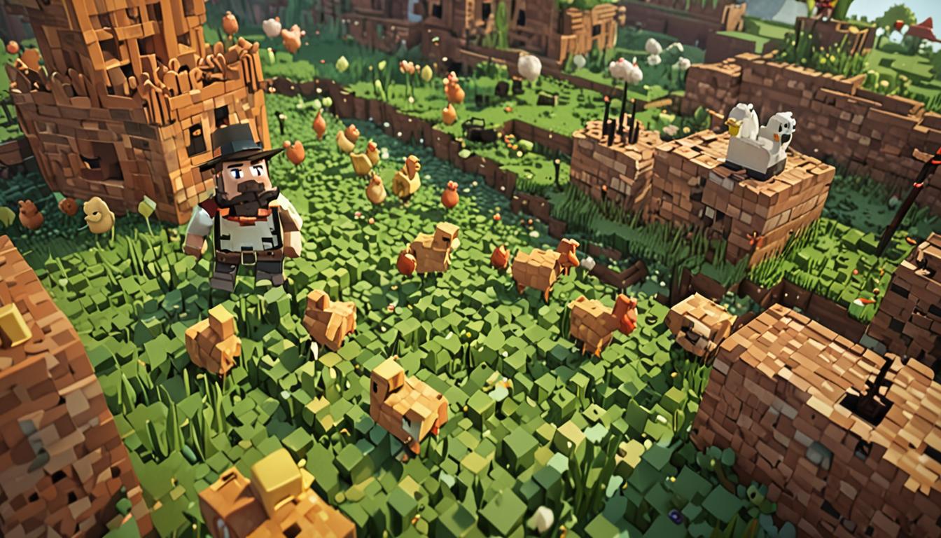 A chaotic Minecraft scene featuring Baron Puscrust, a villager-like character with a dark beard filled with small pixelated chickens fluttering around his blocky face, desperately trying to catch a golden crown-wearing chicken that's hopping nearby. Gooeybooger, a friendly slime mob with a translucent green blocky body, is creating bright honey-colored slime bridges that stretch across the scene with a bouncy, gelatinous texture rendered in Minecraft's signature pixelated style. A magical Block Vacuum Staff lies prominently in the center, crafted from dark obsidian blocks with glowing purple enchantment particles swirling around its cubic form. The ground is covered in sticky amber-colored slime traps that shimmer with a honey-like translucency, creating bouncy surfaces where Baron Puscrust is trapped, bouncing helplessly like on a trampoline with motion blur effects showing his repetitive bouncing movement. The entire scene is lit with warm golden lighting that reflects off the slime surfaces, while small chickens continue to flutter around Baron Puscrust's beard area, and the crown-wearing chicken stands proudly nearby with a tiny golden pixelated crown perched on its blocky head. The background shows a typical Minecraft landscape with grass blocks and scattered stone, all rendered in the game's distinctive cubic, low-resolution aesthetic.