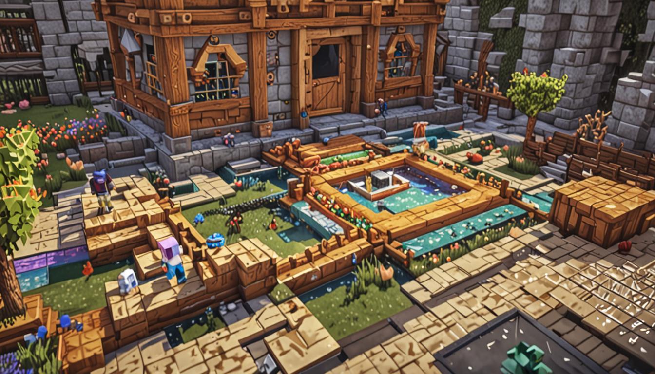 A chaotic Minecraft castle courtyard scene during an epic battle, featuring a large honey block in the center that sparkles with iridescent rainbow particles floating around it, making it appear extra slippery and magical. A blocky Minecraft character is sliding across the pixelated stone courtyard floor with arms outstretched, motion lines trailing behind them as they zoom toward a wooden chicken coop structure made of oak planks and fences. The character's face shows excitement and surprise with wide pixelated eyes. Baron Puscrust, a villainous Minecraft character, stands nearby holding a dark purple and black staff with swirling void particles - the Block Vacuum Staff - with an expression of shock on his blocky face. The castle walls rise up in the background made of cobblestone and stone bricks, with medieval battlements and towers. Rainbow sparkle particles drift through the air around the honey block, creating a whimsical magical effect against the dramatic battle setting. The chicken coop in the foreground contains several white and brown pixelated chickens, with wooden fence gates and hay bales scattered around. The lighting captures the intensity of the battle with dramatic shadows and bright magical glows from the enchanted items.