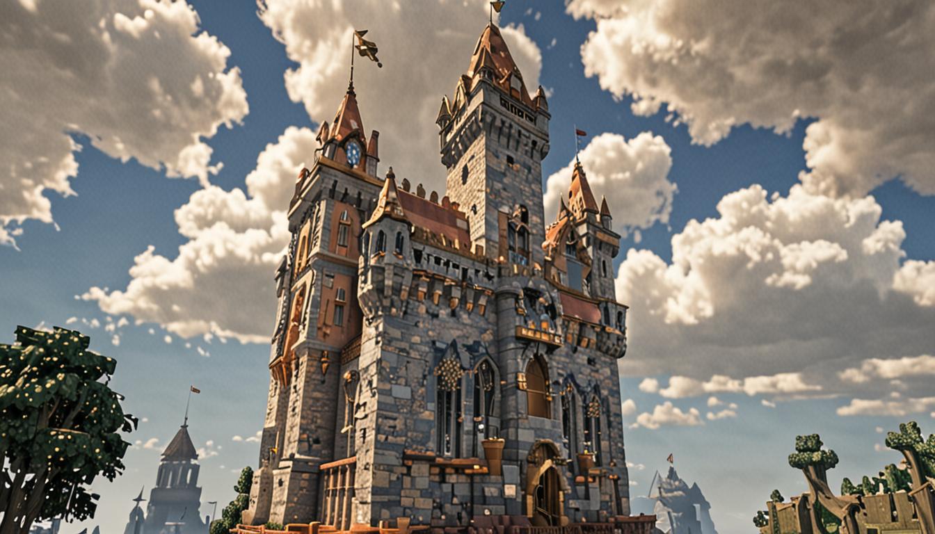 A towering Minecraft castle fortress made of stolen blocks stretches impossibly high into cloudy skies, with mismatched cobblestone, stone bricks, and various colored blocks creating a chaotic patchwork exterior. In the castle's blocky courtyard stands Baron Puscrust, a tall villager-style character with angular Minecraft features, wearing a crooked golden crown crafted from gold blocks with jagged pixelated edges, his long gray beard flowing in blocky segments down his chest. He grips a menacing staff made of dark obsidian blocks with swirling purple enchantment particles emanating from its crystalline tip - the terrible Block Vacuum Staff. Multiple iron golems with their characteristic blocky bodies, glowing red pixelated eyes, and heavy metallic limbs stand guard around the stone brick courtyard, their poses suggesting mechanical menace. Several tamed wolves with gray and white pixelated fur sit nearby, their red collar pixels visible and blocky mouths slightly open showing square teeth. The scene is lit with dramatic Minecraft lighting, casting sharp blocky shadows across the courtyard stones, while ominous storm clouds gather overhead in the cubic sky, creating an atmosphere of impending conflict and villainy.