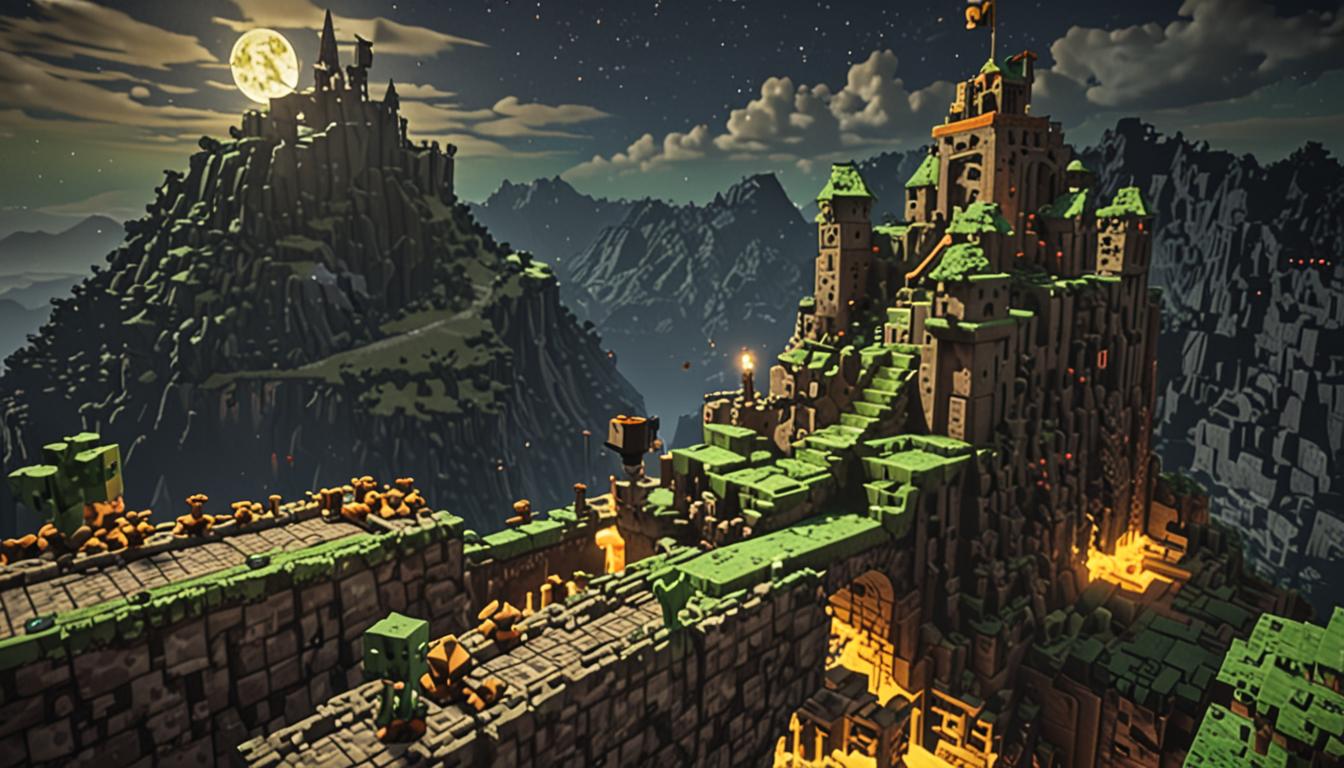A dramatic Minecraft nighttime scene showing a towering dark castle with blocky stone walls and glowing windows perched on a distant mountain peak under a starlit sky. In the foreground, two pixelated Minecraft characters are crossing a bright green bouncy slime bridge that stretches across a deep canyon - one character holds a magical golden watering can with sparkly water droplets, while the other appears to be made of green slime blocks. Colorful blocky flowers bloom along the path behind them in vibrant reds, yellows, and blues with pixelated petals. Friendly Minecraft animals surround the scene including white and brown rabbits with long ears, small birds perched on tree branches, and gray wolves with glowing eyes standing protectively nearby. The dark forest is filled with tall oak and birch trees made of brown wood blocks and green leaf blocks, with mysterious shadows between them. The entire scene has that distinctive Minecraft blocky, pixelated aesthetic with sharp edges and cubic forms, illuminated by moonlight and the soft glow from the magical items, creating an urgent atmosphere of adventure and friendship as the characters race against time toward their destination.