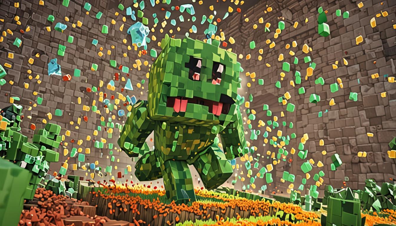 A vibrant Minecraft scene featuring a large, cheerful green slime creature with blocky, pixelated features and an enormous pixelated smile, bouncing enthusiastically next to a Minecraft character in medieval-style blocky armor. The green slime has a translucent, gelatinous texture with honey-colored golden streaks running through its cubic body, and sparkly rainbow particles floating around it in blocky pixel formations. In the background, there are colorful bouncy bridges made of honey-colored slime blocks stretching across a pixelated landscape, with sticky trap mechanisms constructed from slime blocks and redstone components scattered throughout the terrain. The scene shows rainbow-colored sparkle effects in cubic particle form creating instant flower growth - with blocky Minecraft flowers like poppies, dandelions, and roses sprouting from grass blocks in unexpected locations like cliffsides and stone surfaces. The lighting has a warm, magical glow with volumetric rays filtering through the pixelated atmosphere, while obsidian blocks are visible in the foreground to emphasize strength and solidarity. The entire scene maintains the classic Minecraft blocky aesthetic with sharp edges, pixelated textures, and the distinctive cubic art style, set against a backdrop of rolling hills made of grass blocks and stone, creating an atmosphere of friendship, adventure, and magical possibility during what appears to be a critical moment in an epic quest.